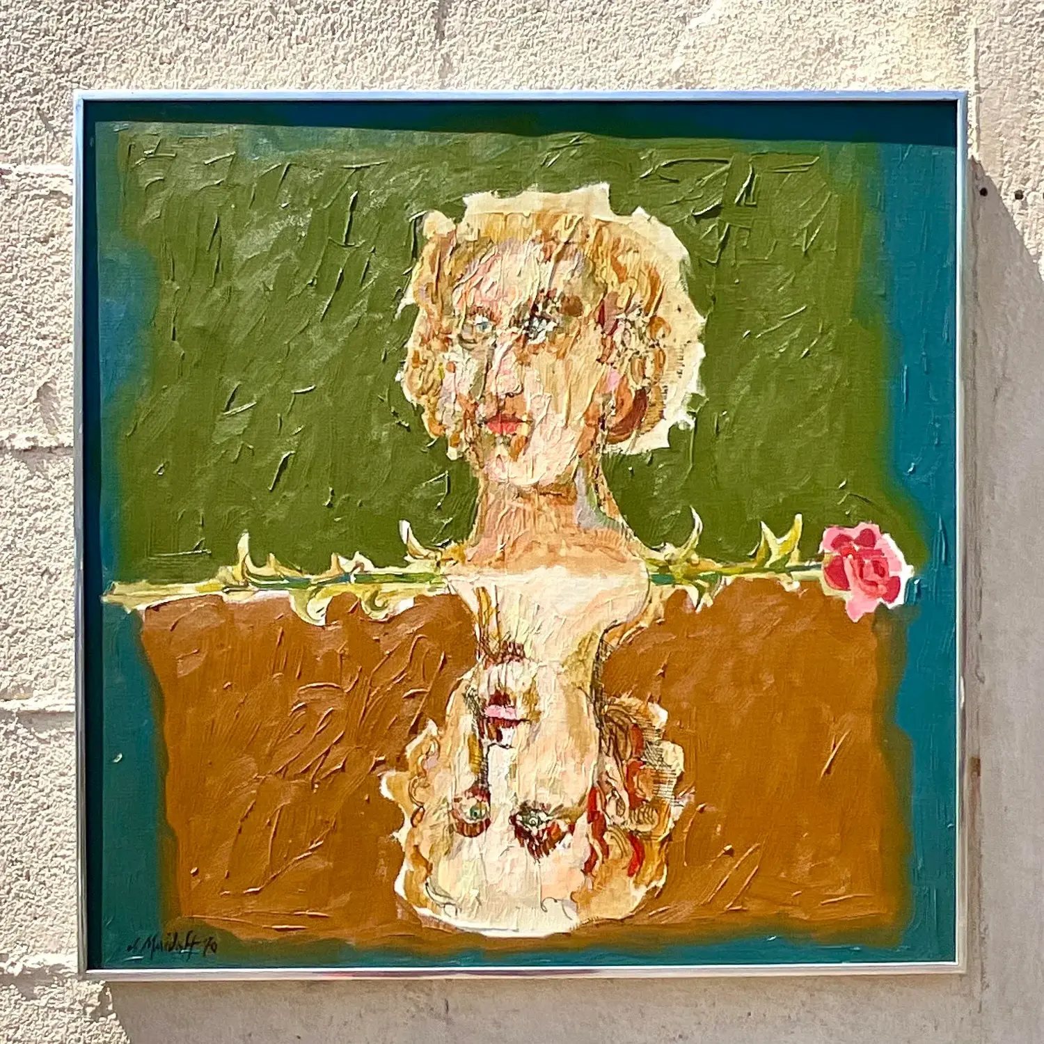 Late 20th Century Vintage Boho Abstract Figural Oil on Canvas Original Painting, Framed - Back view