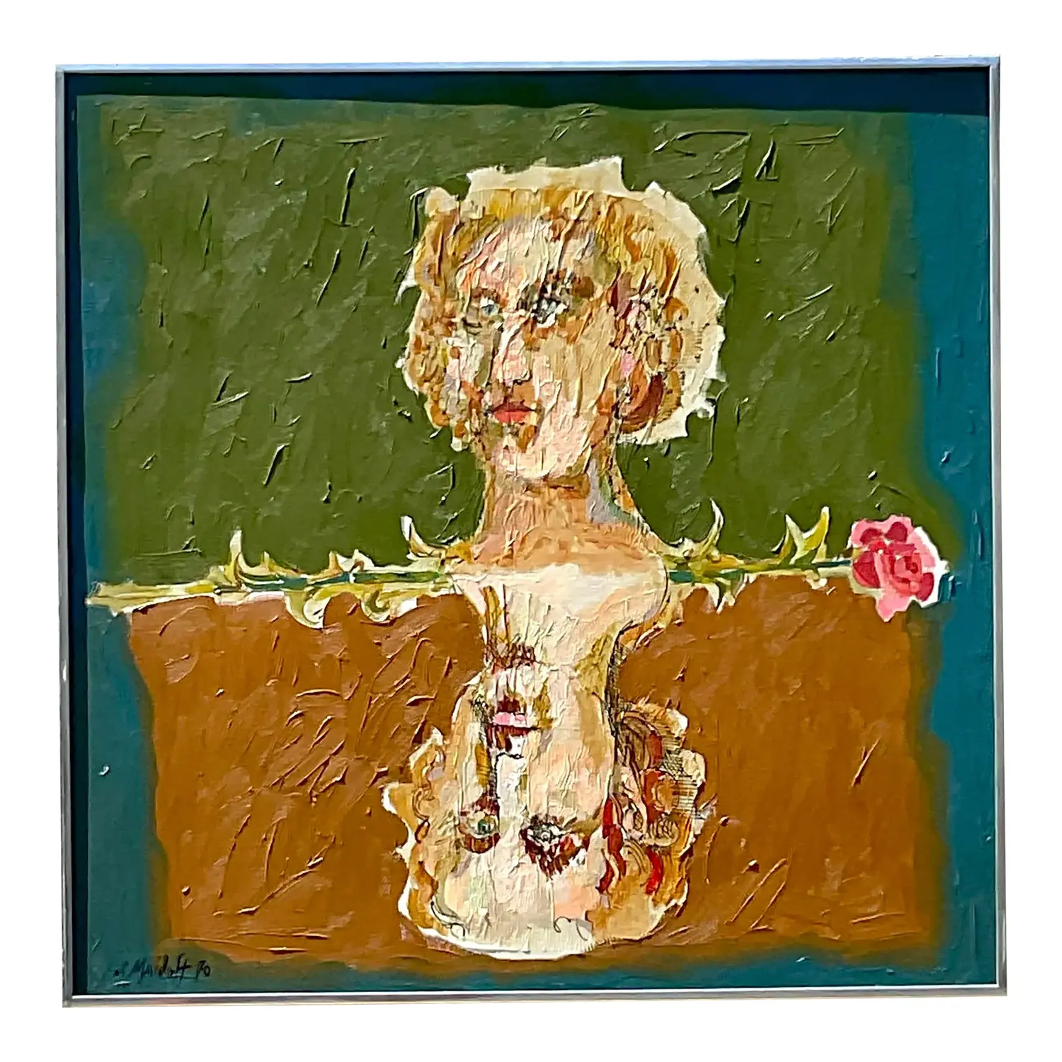 Late 20th Century Vintage Boho Abstract Figural Oil on Canvas Original Painting, Framed