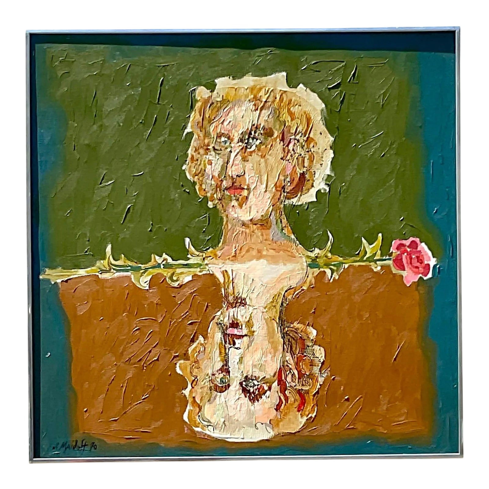 Late 20th Century Vintage Boho Abstract Figural Oil on Canvas Original Painting, Framed