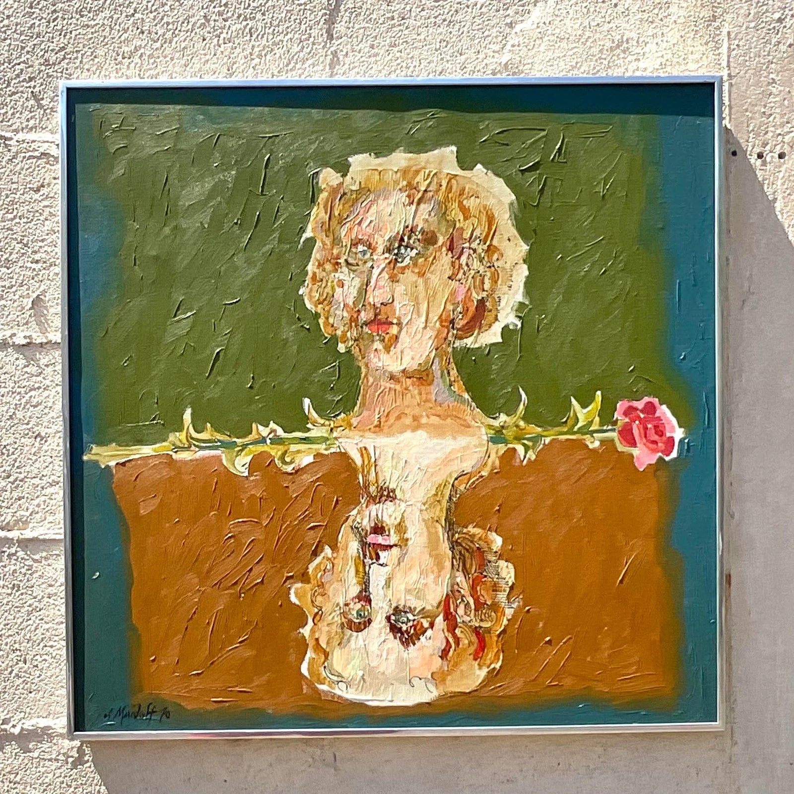 Late 20th Century Vintage Boho Abstract Figural Oil on Canvas Original Painting, Framed - Side view