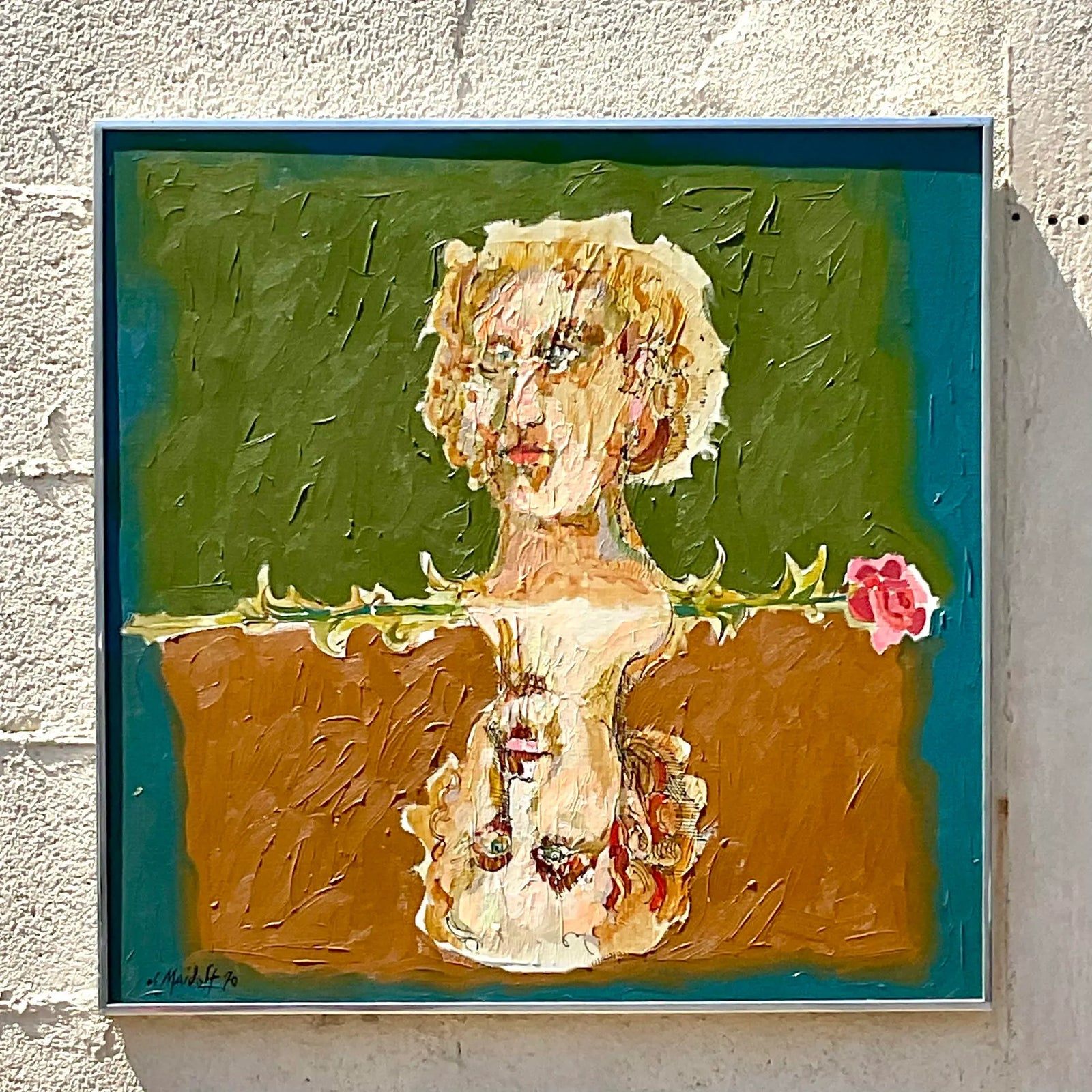 Late 20th Century Vintage Boho Abstract Figural Oil on Canvas Original Painting, Framed - Back view