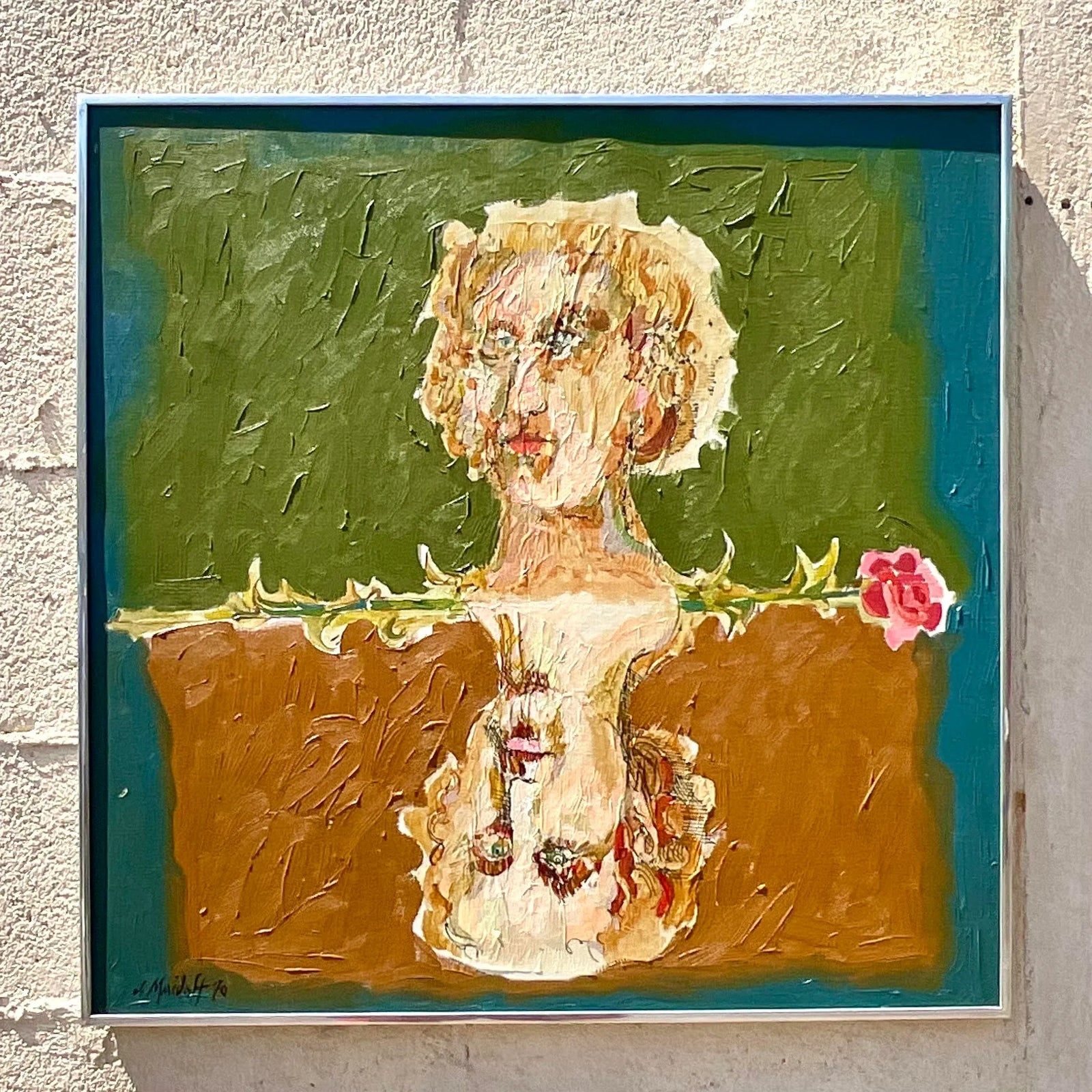 Late 20th Century Vintage Boho Abstract Figural Oil on Canvas Original Painting, Framed - Top view