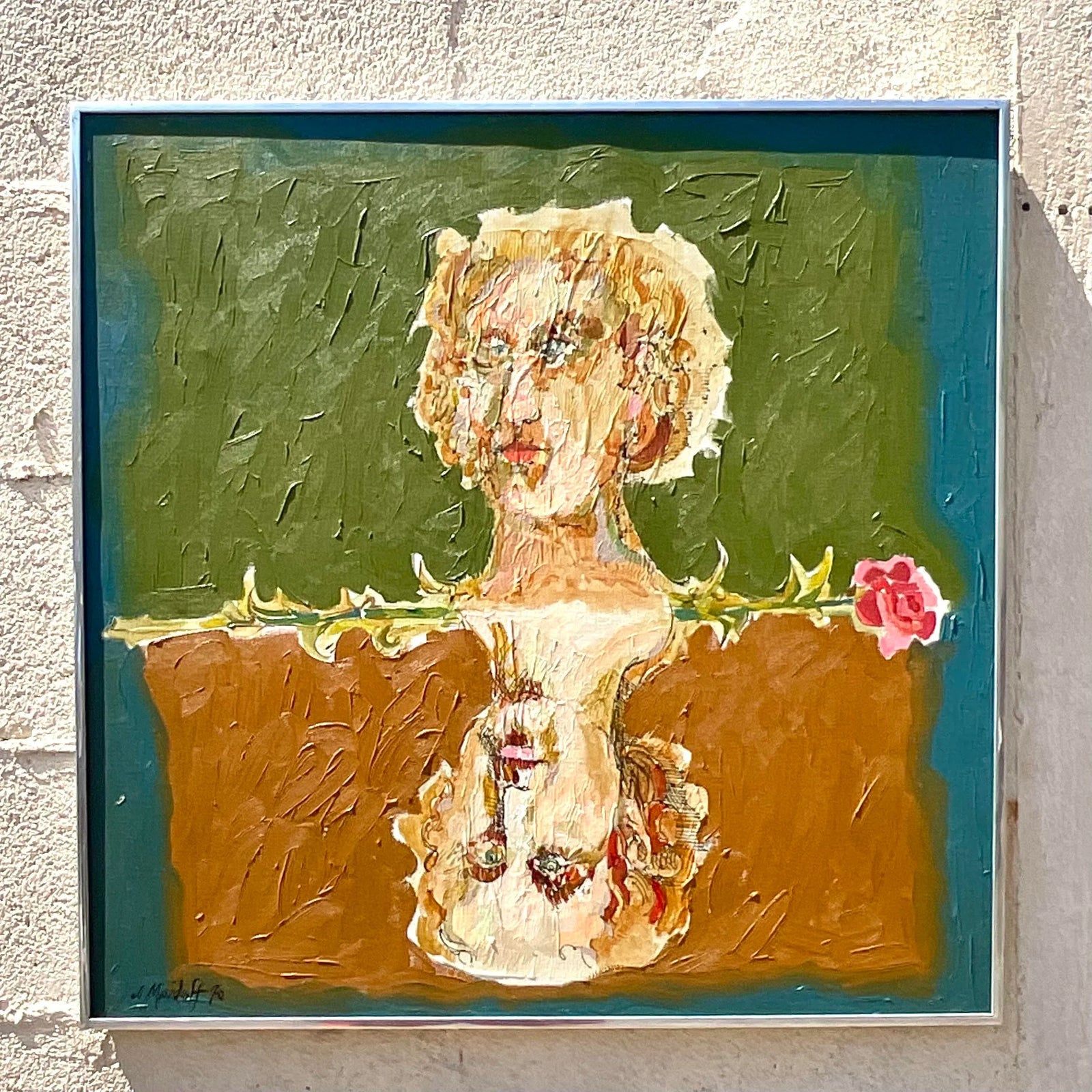 Late 20th Century Vintage Boho Abstract Figural Oil on Canvas Original Painting, Framed - Detail view