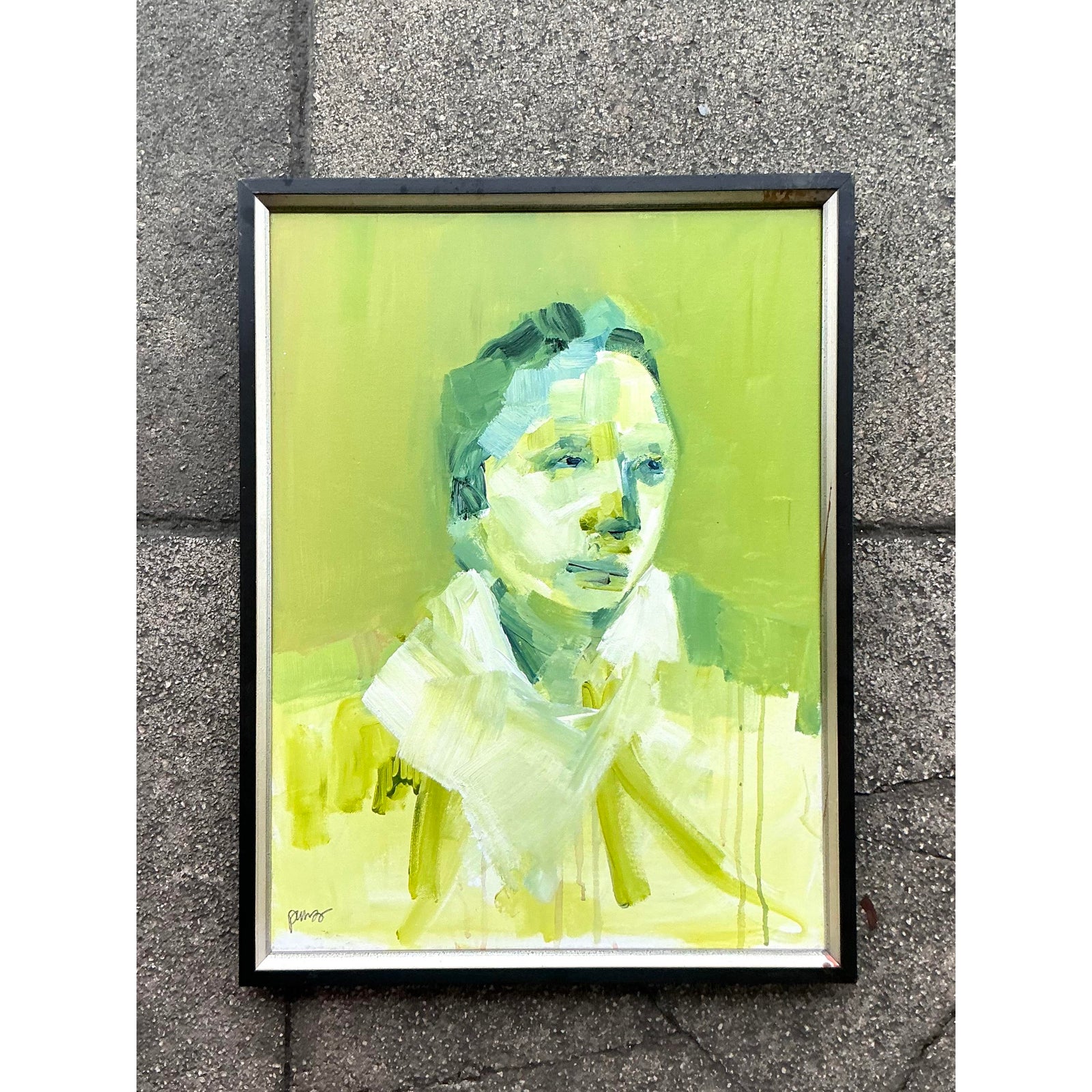 Late 20th Century Vintage Boho Abstract Figurative Portrait on Canvas - Side view