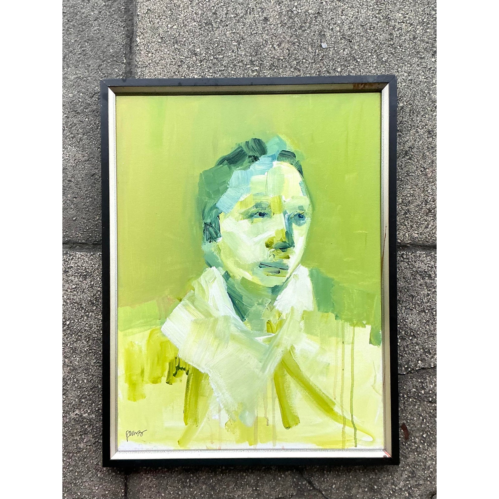 Late 20th Century Vintage Boho Abstract Figurative Portrait on Canvas - Top view