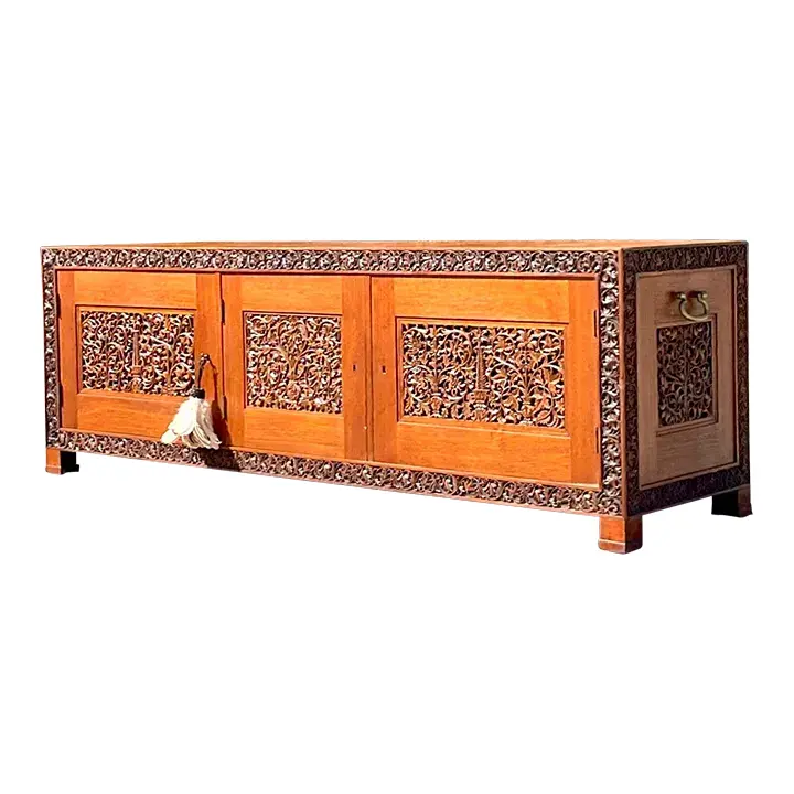 Late 20th Century Vintage Boho Carved Teak Credenza