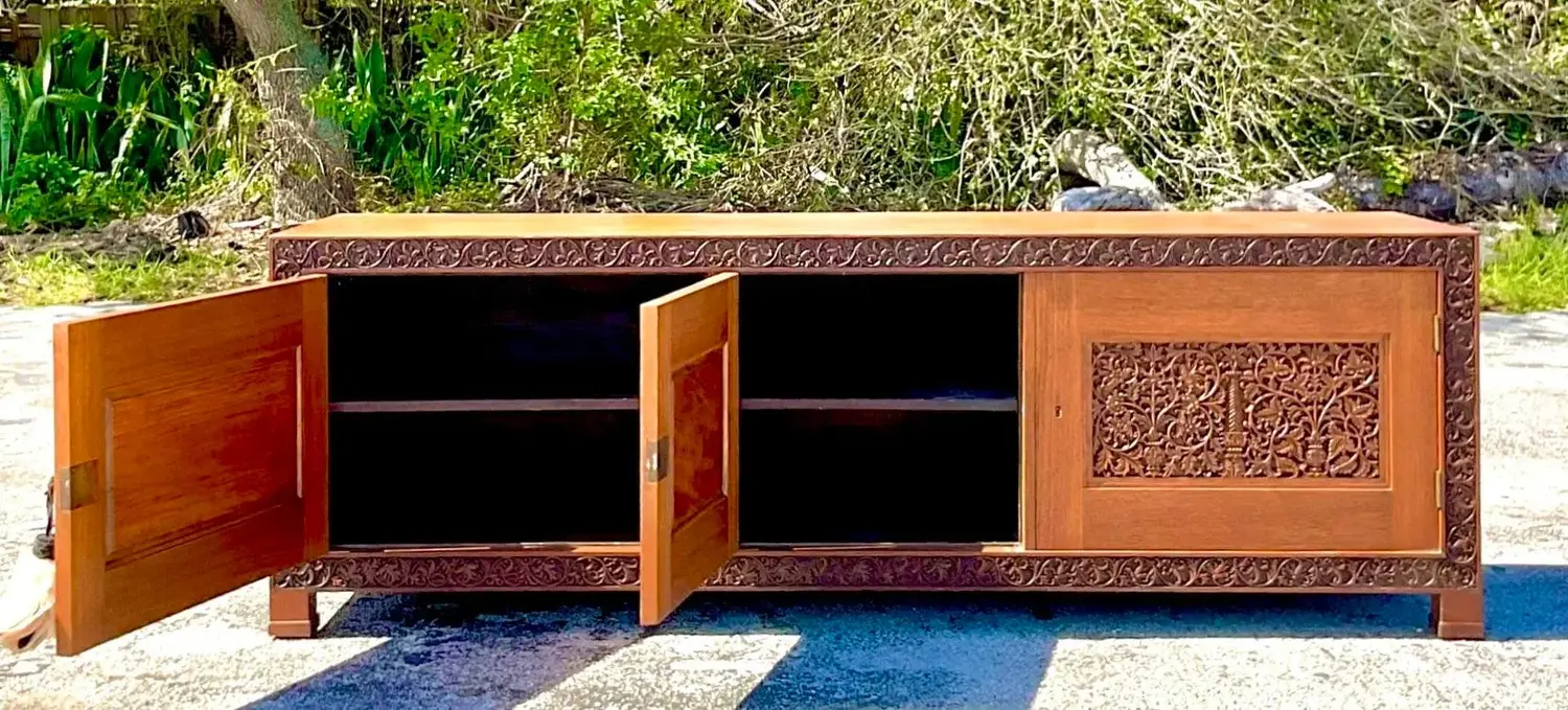 Late 20th Century Vintage Boho Carved Teak Credenza - Back view