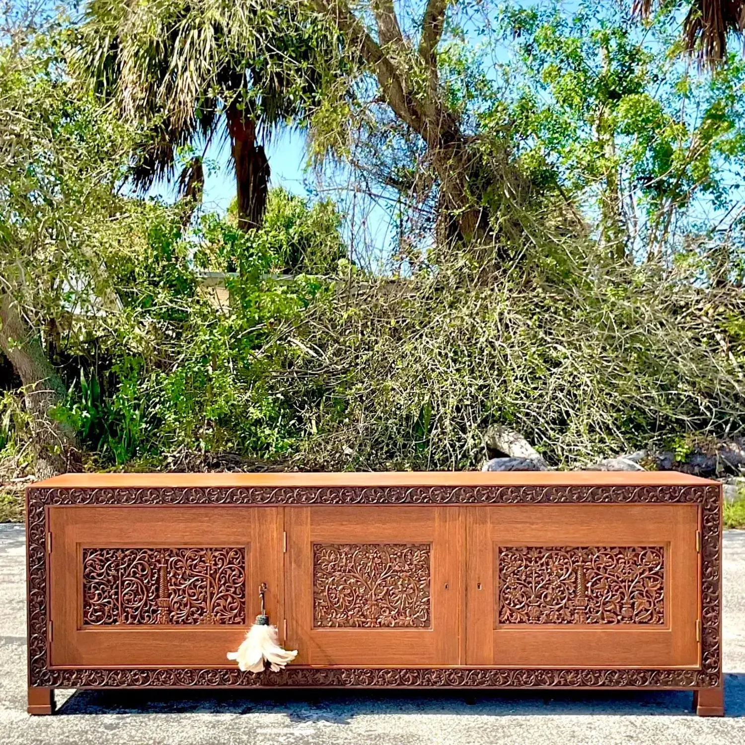 Late 20th Century Vintage Boho Carved Teak Credenza - Detail view