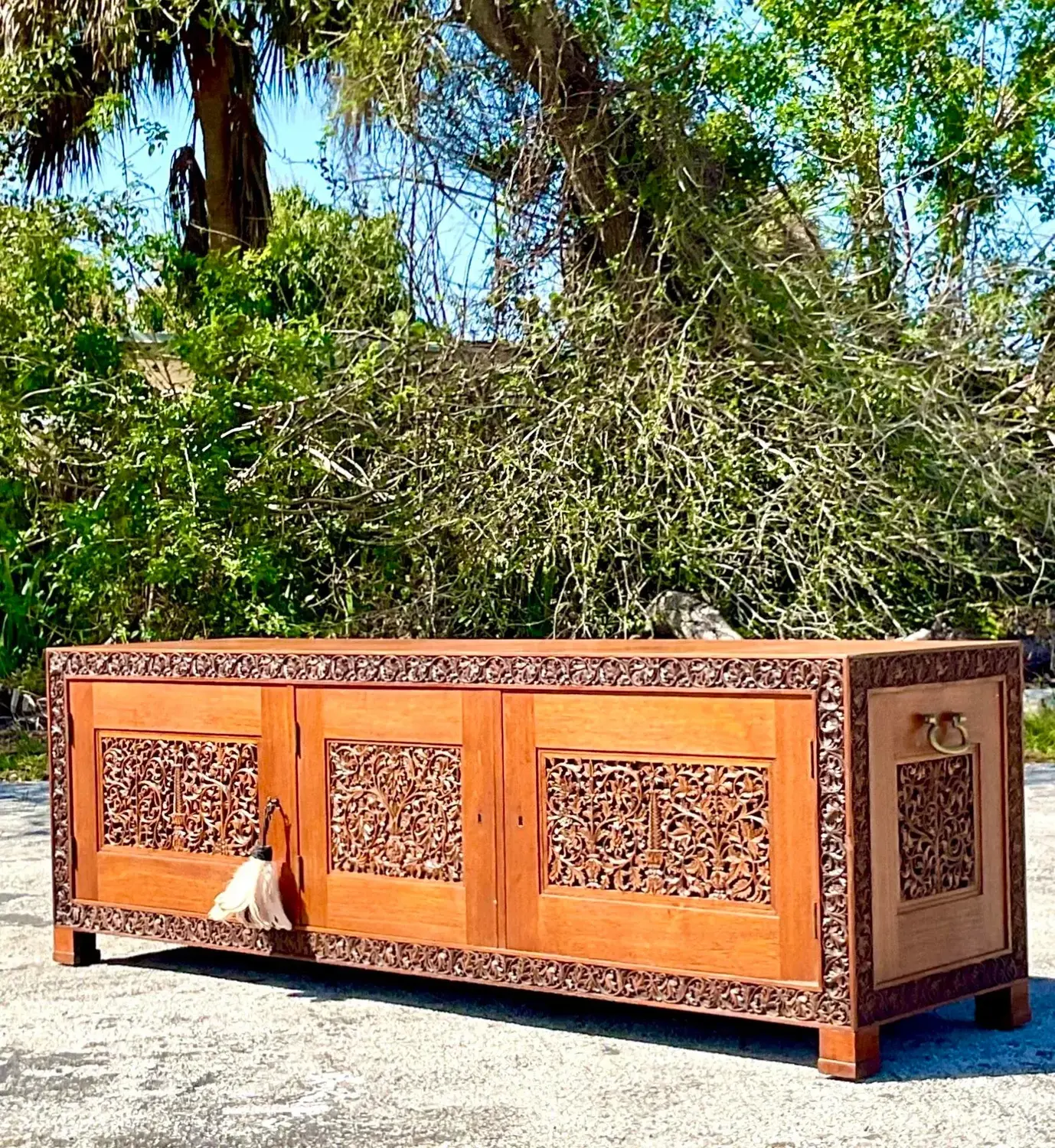 Late 20th Century Vintage Boho Carved Teak Credenza - Top view