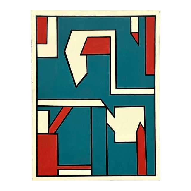 Late 20th Century Vintage Boho Geometric Abstract Oil Painting on Canvas