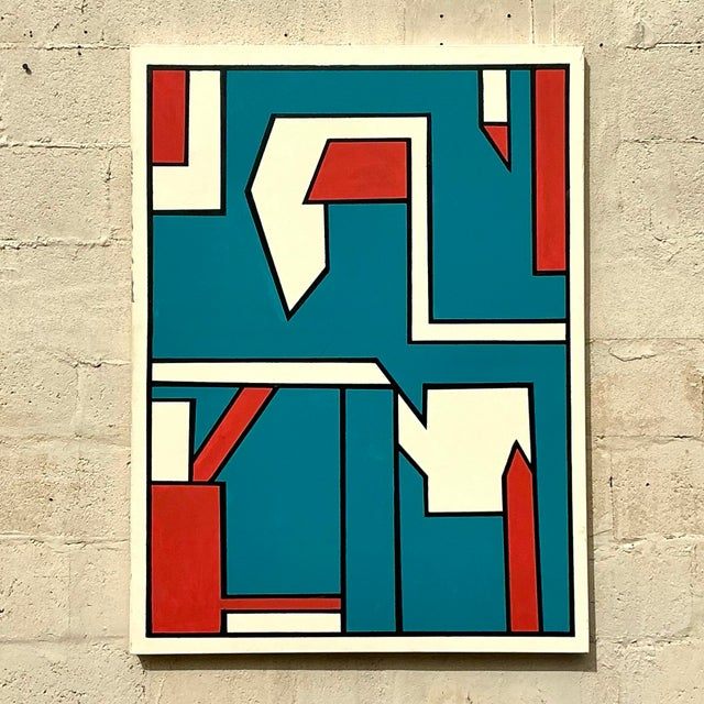 Late 20th Century Vintage Boho Geometric Abstract Oil Painting on Canvas - Side view