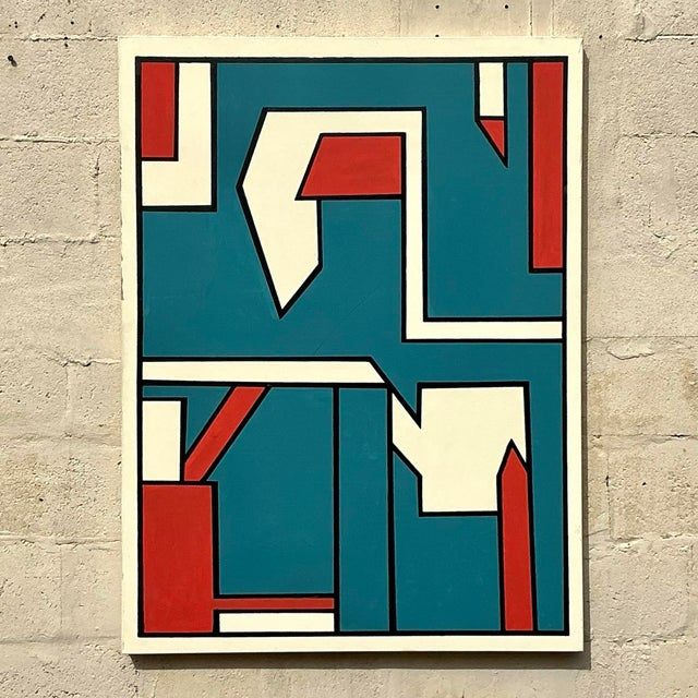 Late 20th Century Vintage Boho Geometric Abstract Oil Painting on Canvas - Detail view