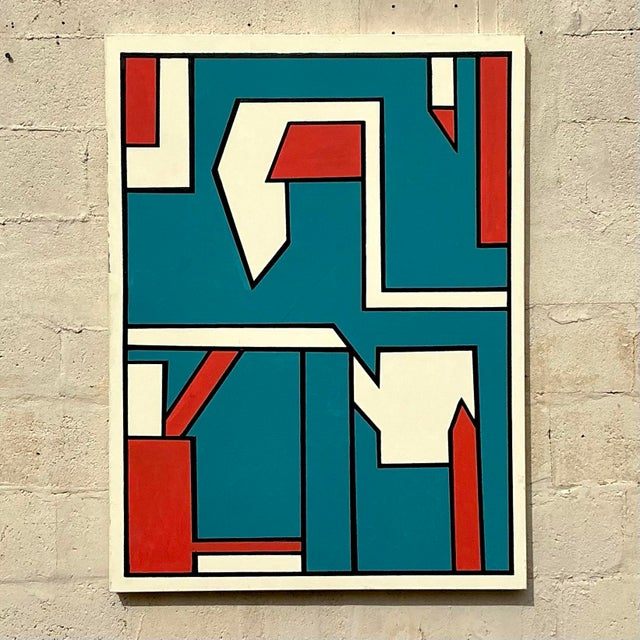 Late 20th Century Vintage Boho Geometric Abstract Oil Painting on Canvas - Back view