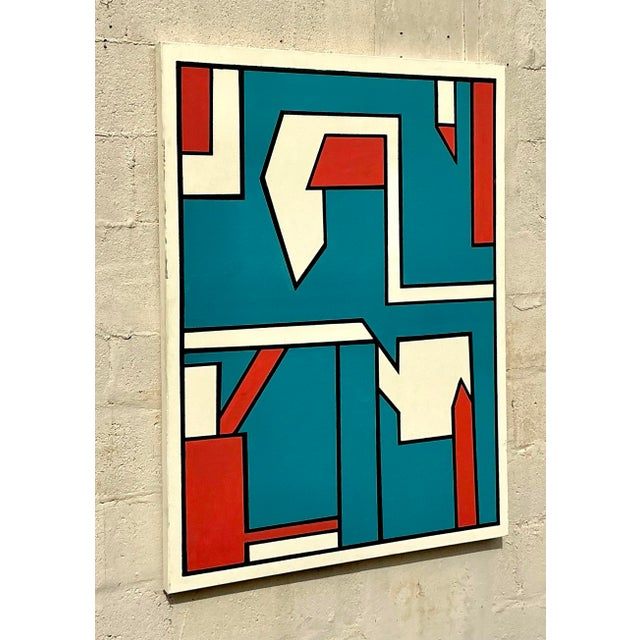 Late 20th Century Vintage Boho Geometric Abstract Oil Painting on Canvas - Top view