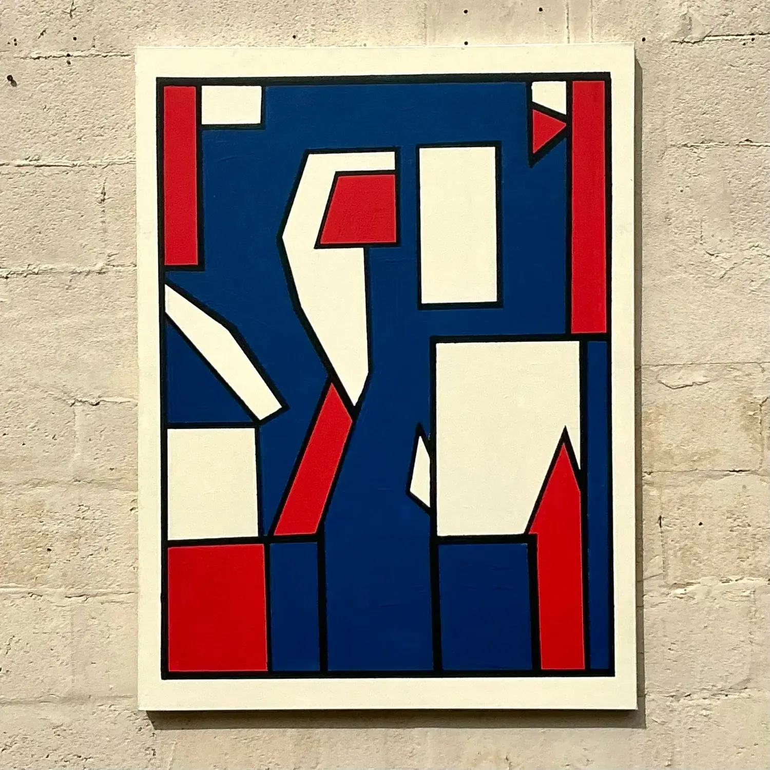 Late 20th Century Vintage Boho Geometric Oil Painting on Canvas - Top view