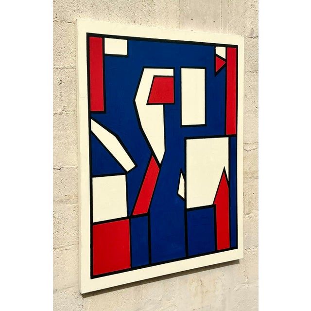 Late 20th Century Vintage Boho Geometric Oil Painting on Canvas - Side view