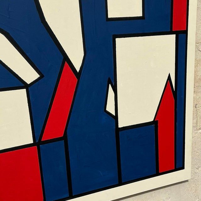 Late 20th Century Vintage Boho Geometric Oil Painting on Canvas - Top view