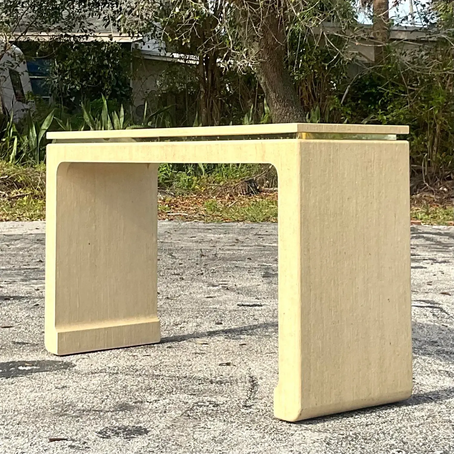 Late 20th Century Vintage Boho Grasscloth Wrapped Console Table - Detail view