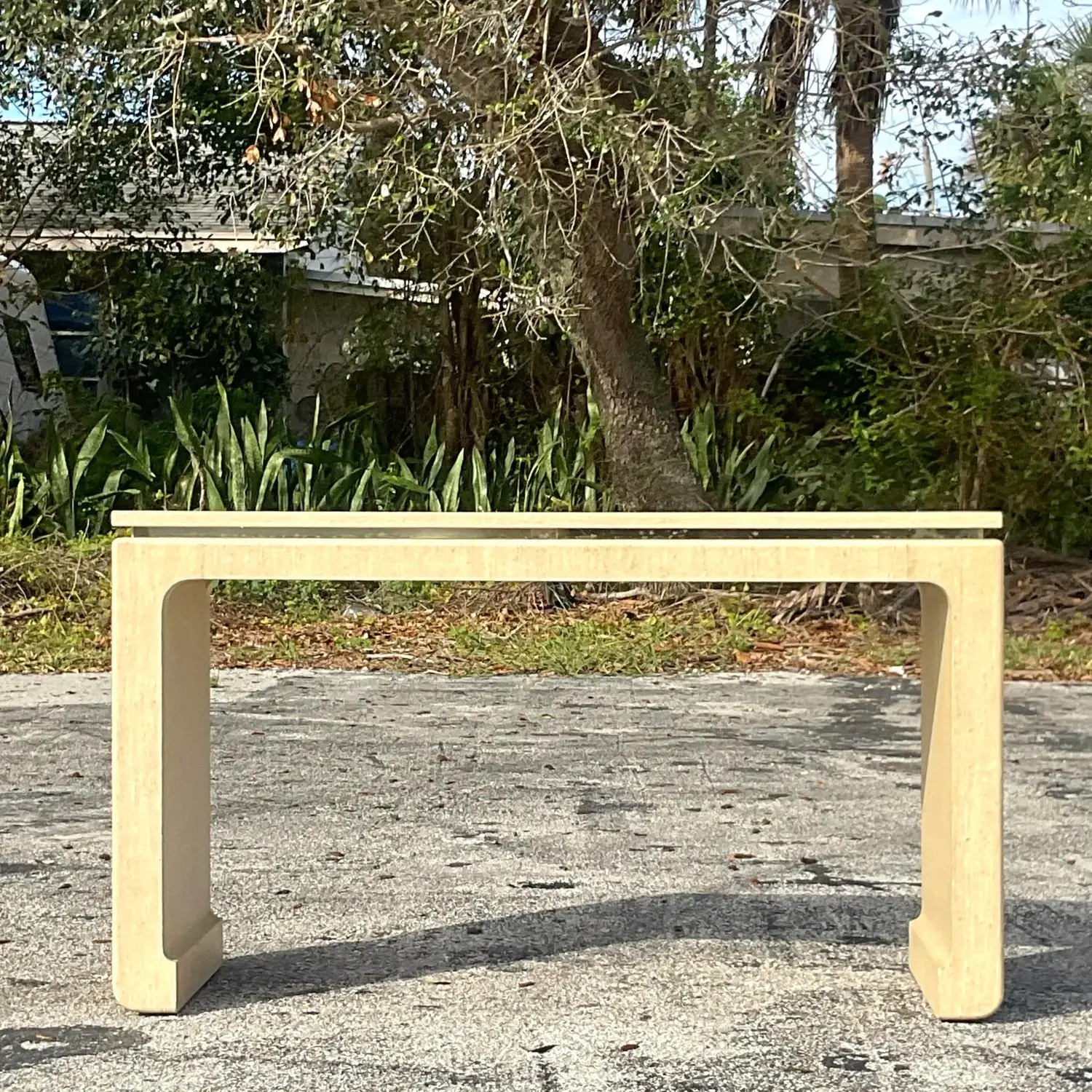 Late 20th Century Vintage Boho Grasscloth Wrapped Console Table - Back view