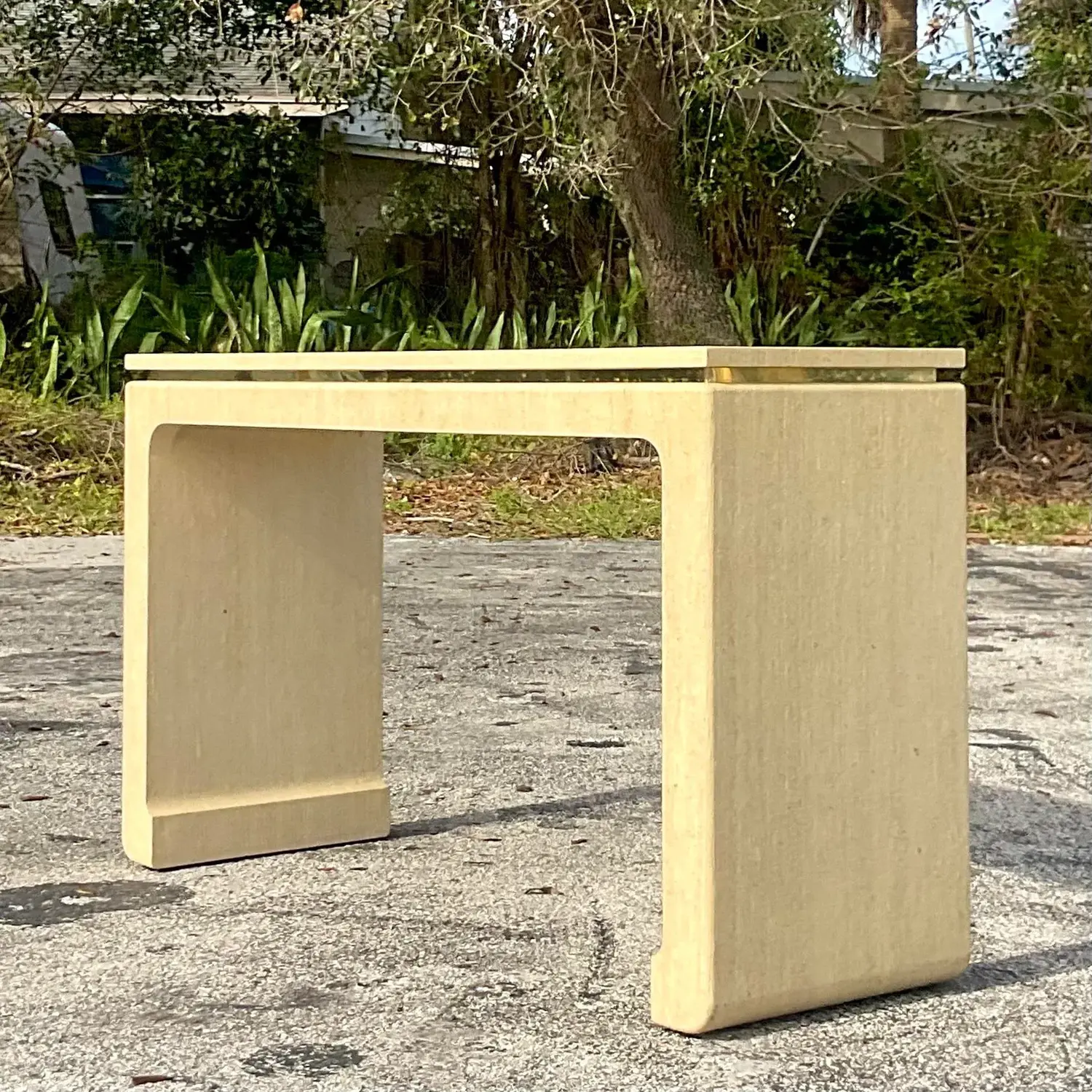 Late 20th Century Vintage Boho Grasscloth Wrapped Console Table - Side view