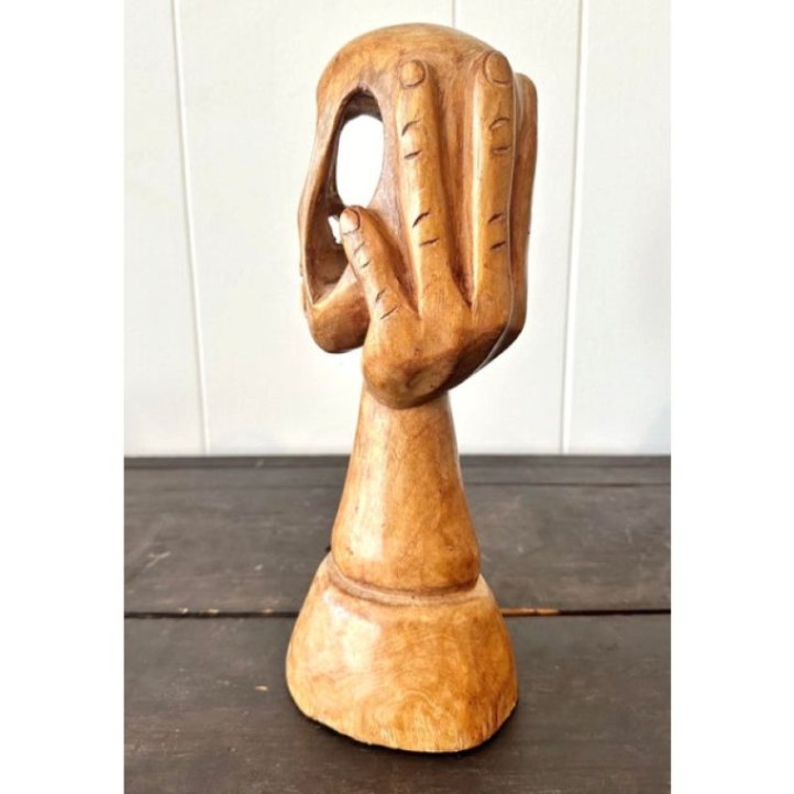 Late 20th Century Vintage Boho Hand Carved Wood Skull in Hand Sculpture - Detail view