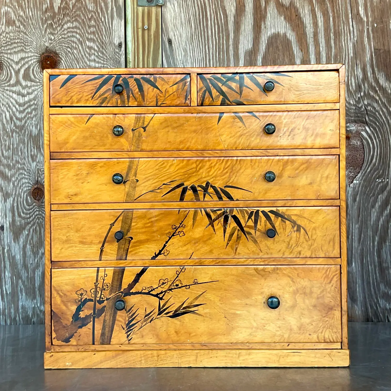 Late 20th Century Vintage Boho Hand Painted Burl Wood Petite Chest of Drawers - Detail view