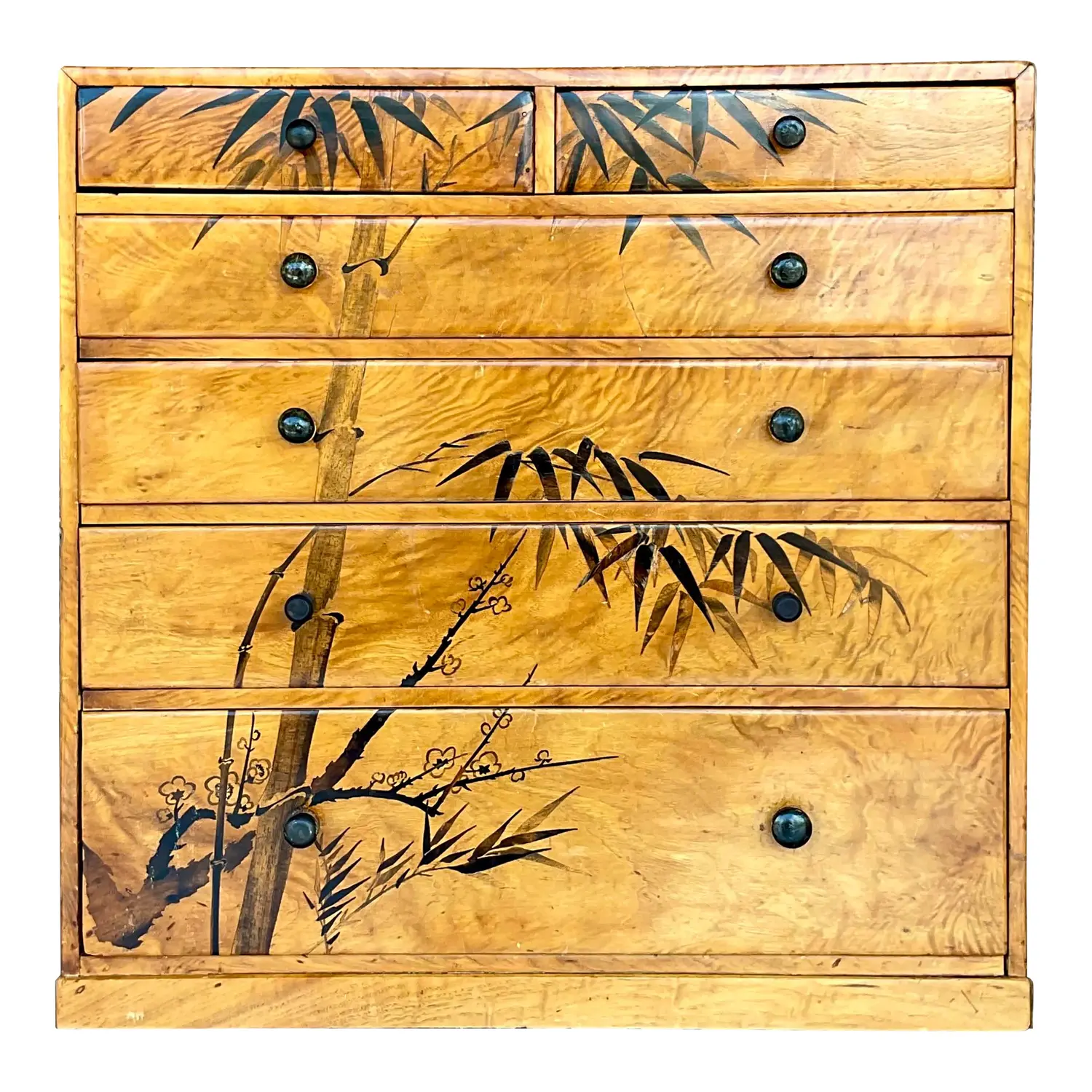 Late 20th Century Vintage Boho Hand Painted Burl Wood Petite Chest of Drawers