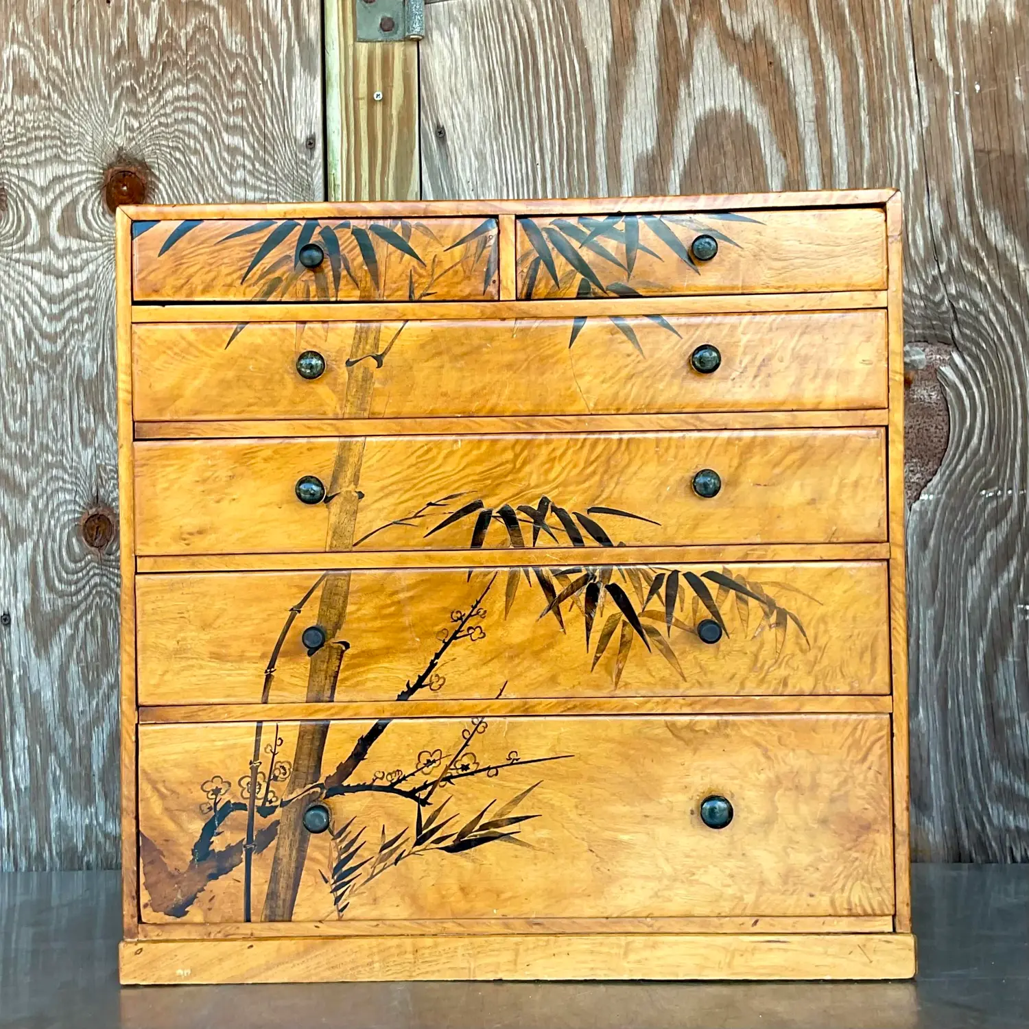 Late 20th Century Vintage Boho Hand Painted Burl Wood Petite Chest of Drawers - Side view