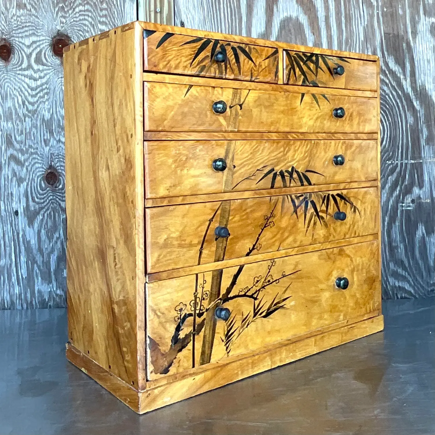 Late 20th Century Vintage Boho Hand Painted Burl Wood Petite Chest of Drawers - Back view