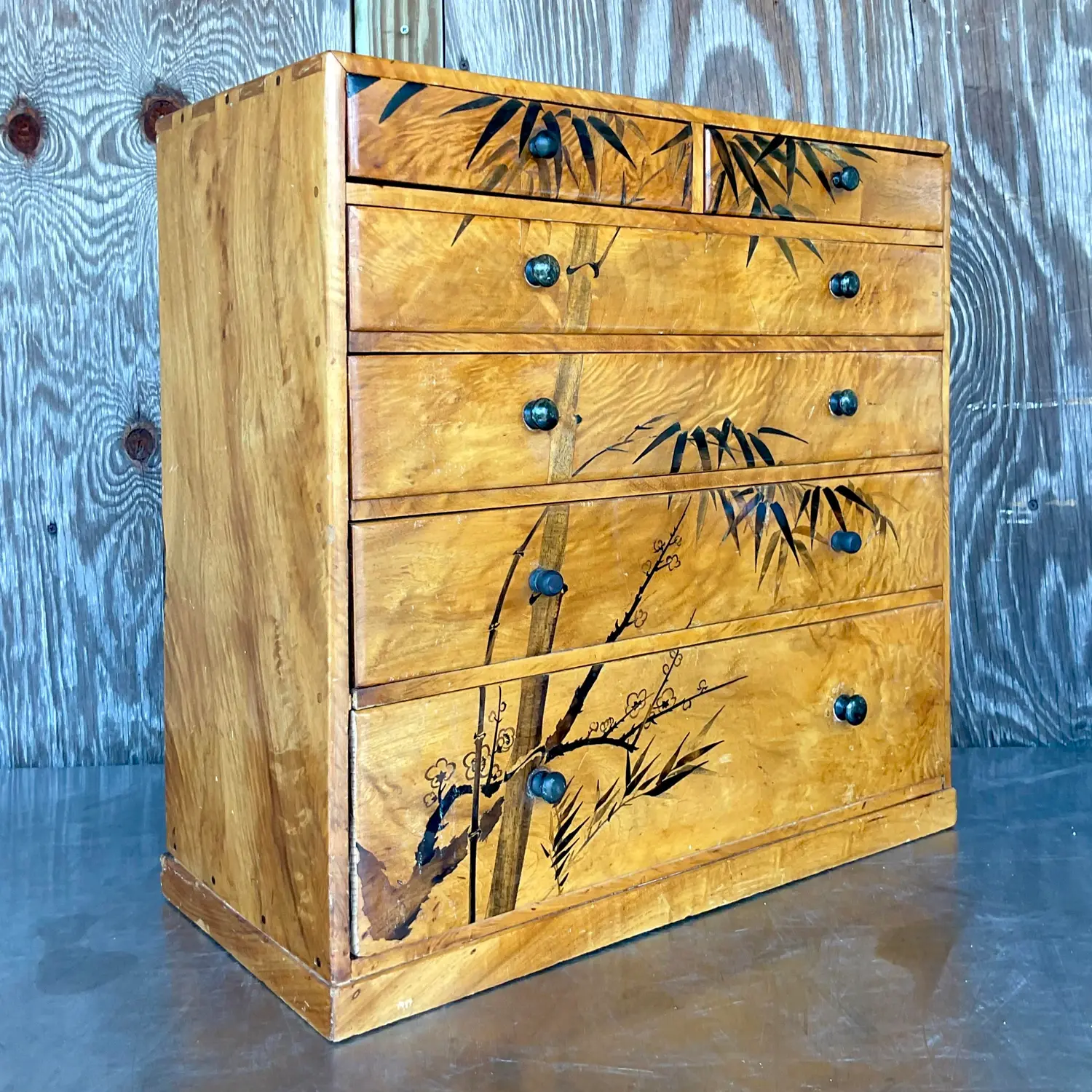 Late 20th Century Vintage Boho Hand Painted Burl Wood Petite Chest of Drawers - Top view