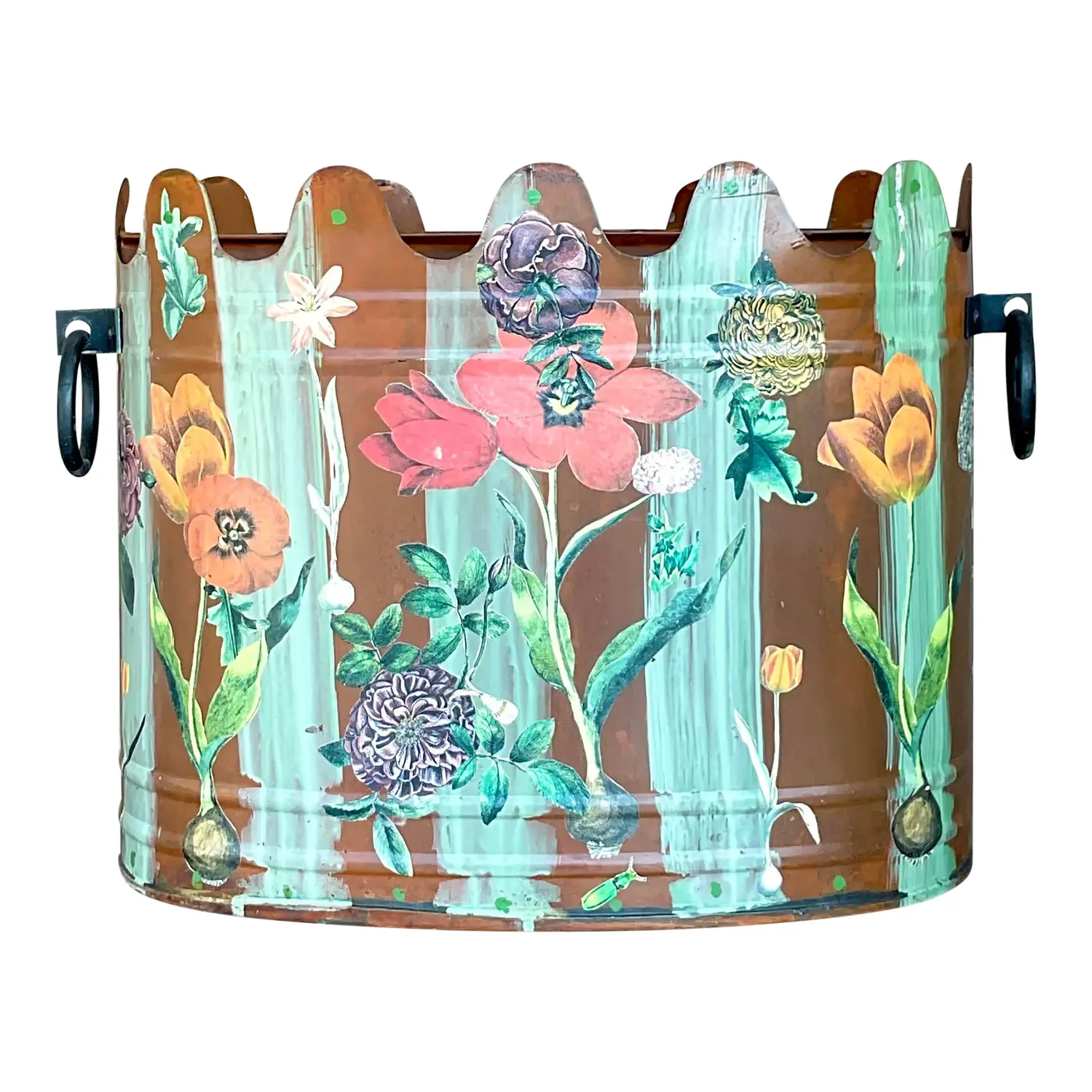 Late 20th Century Vintage Boho Hand Painted Metal Cache Pot