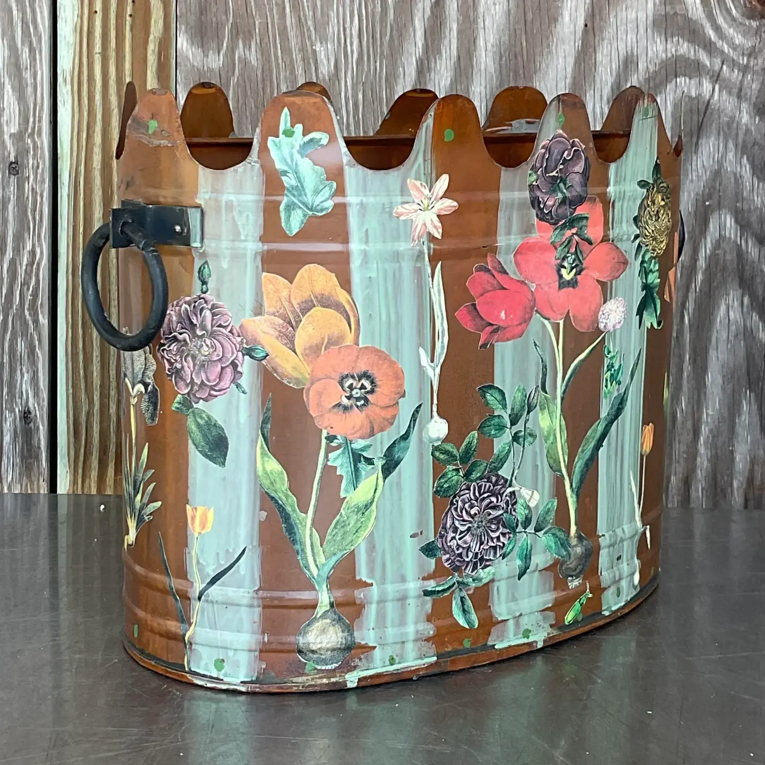 Late 20th Century Vintage Boho Hand Painted Metal Cache Pot - Detail view