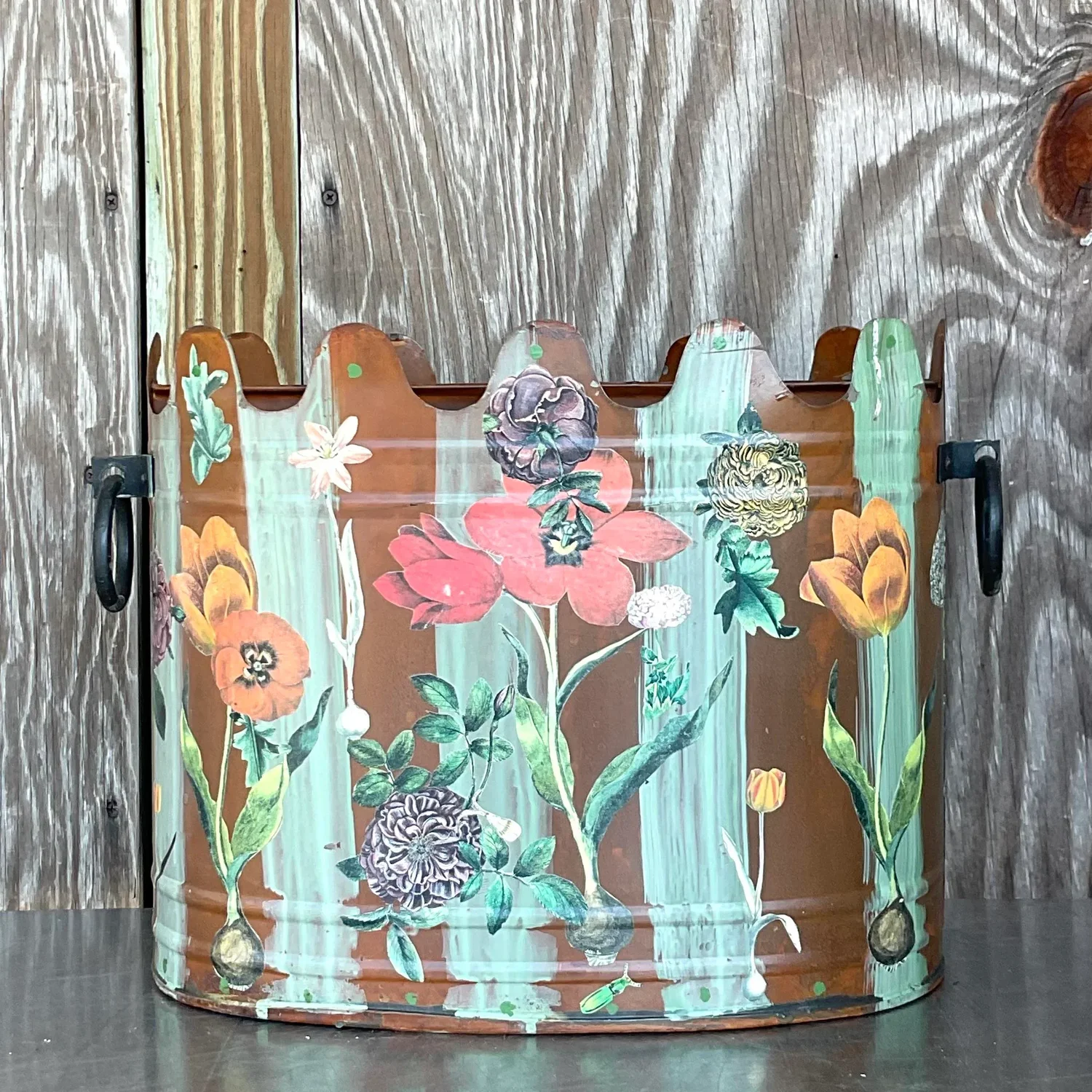 Late 20th Century Vintage Boho Hand Painted Metal Cache Pot - Top view
