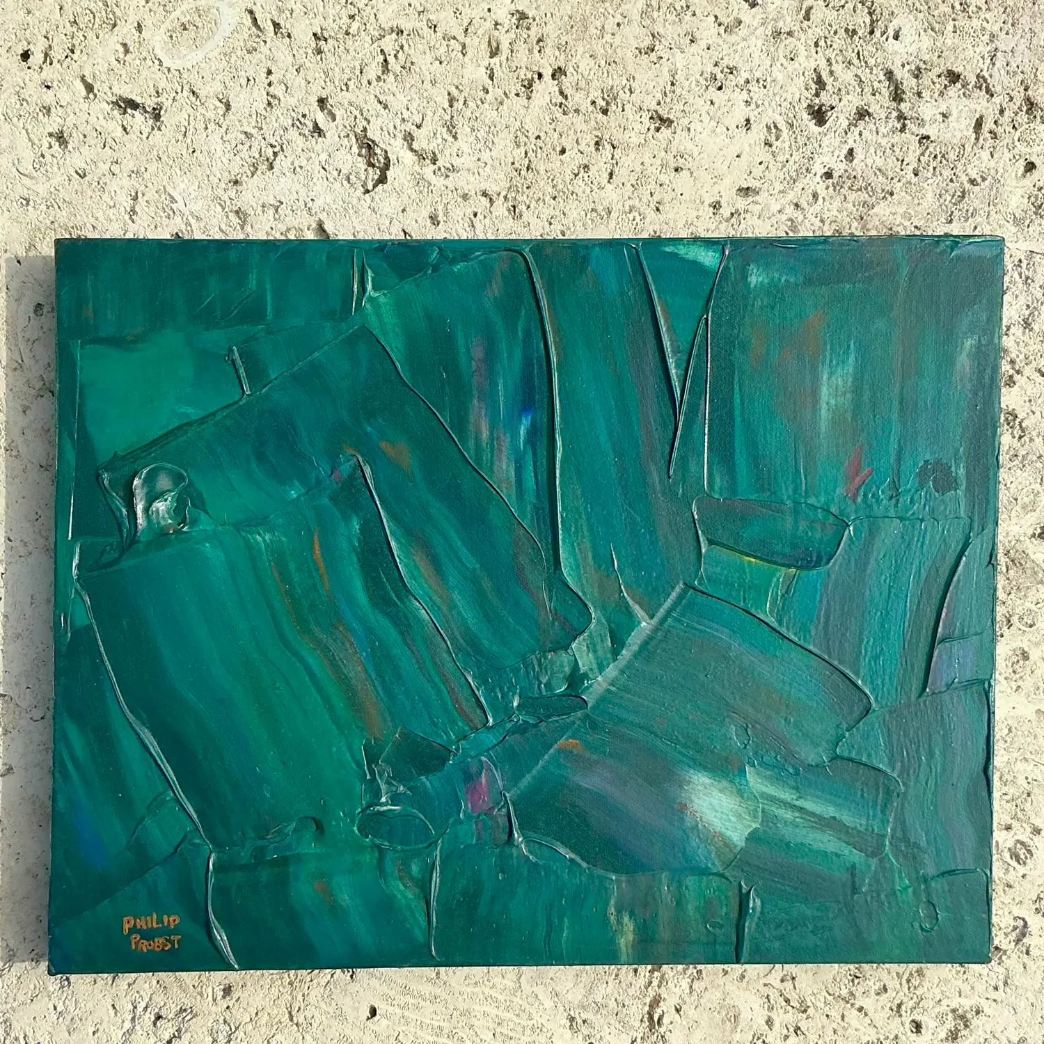 Late 20th Century Vintage Boho Impasto Original Abstract Oil Painting on Canvas - Side view