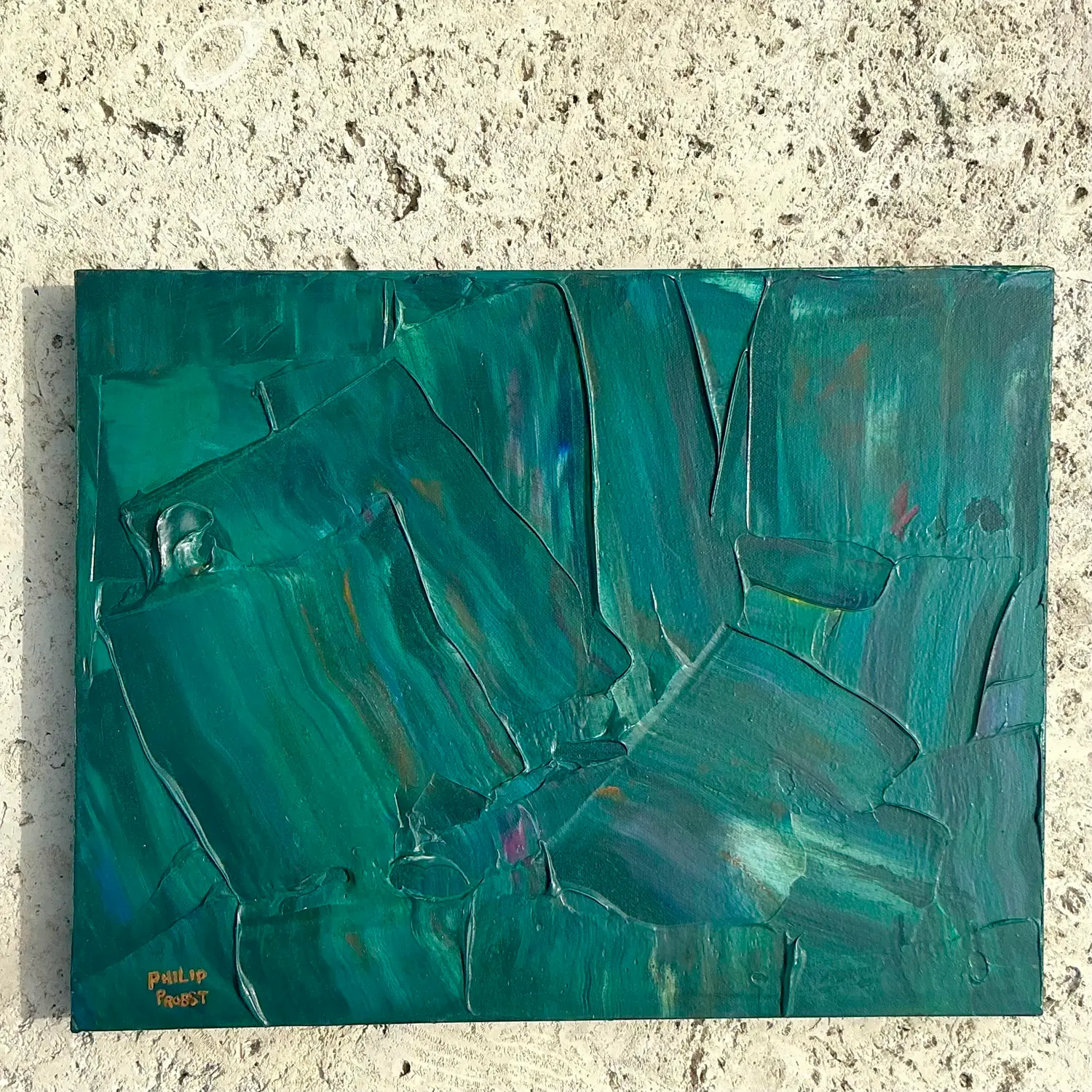 Late 20th Century Vintage Boho Impasto Original Abstract Oil Painting on Canvas - Back view