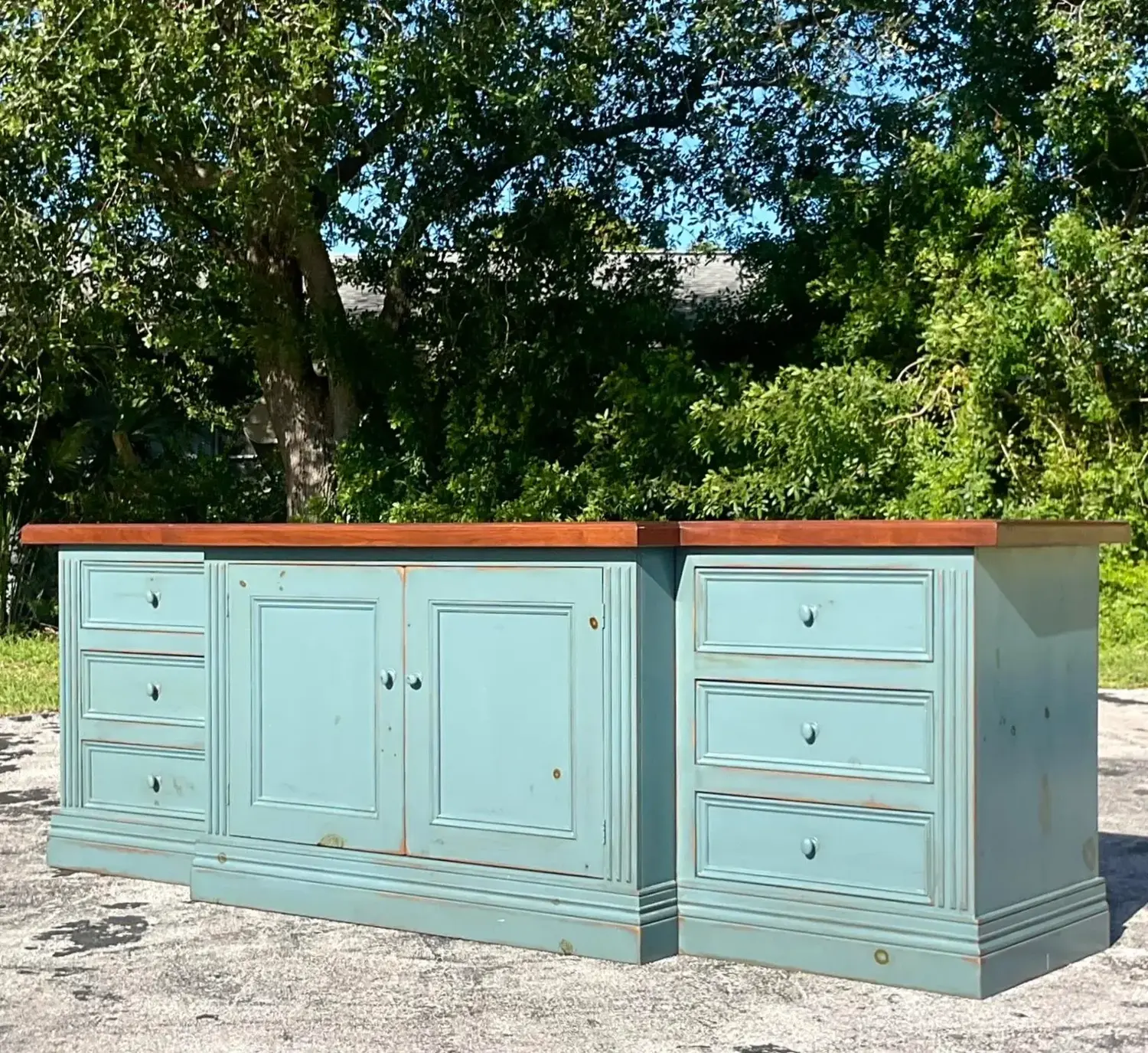Late 20th Century Vintage Boho Monumental Blue Wash Credenza - Top view