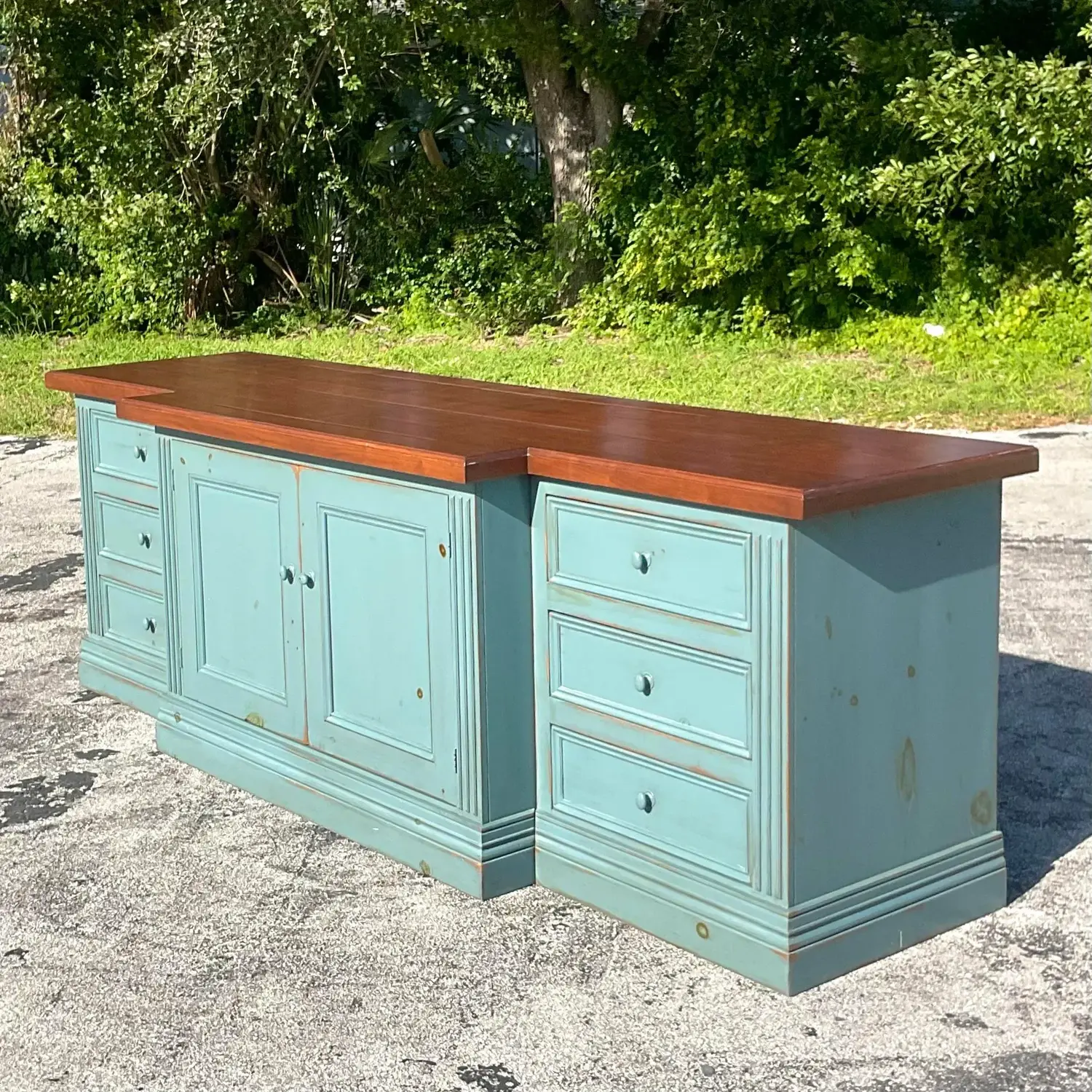 Late 20th Century Vintage Boho Monumental Blue Wash Credenza - Detail view