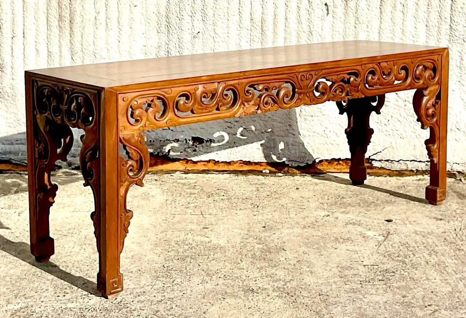 Late 20th Century Vintage Boho Monumental Hand Carved Console Table - Back view
