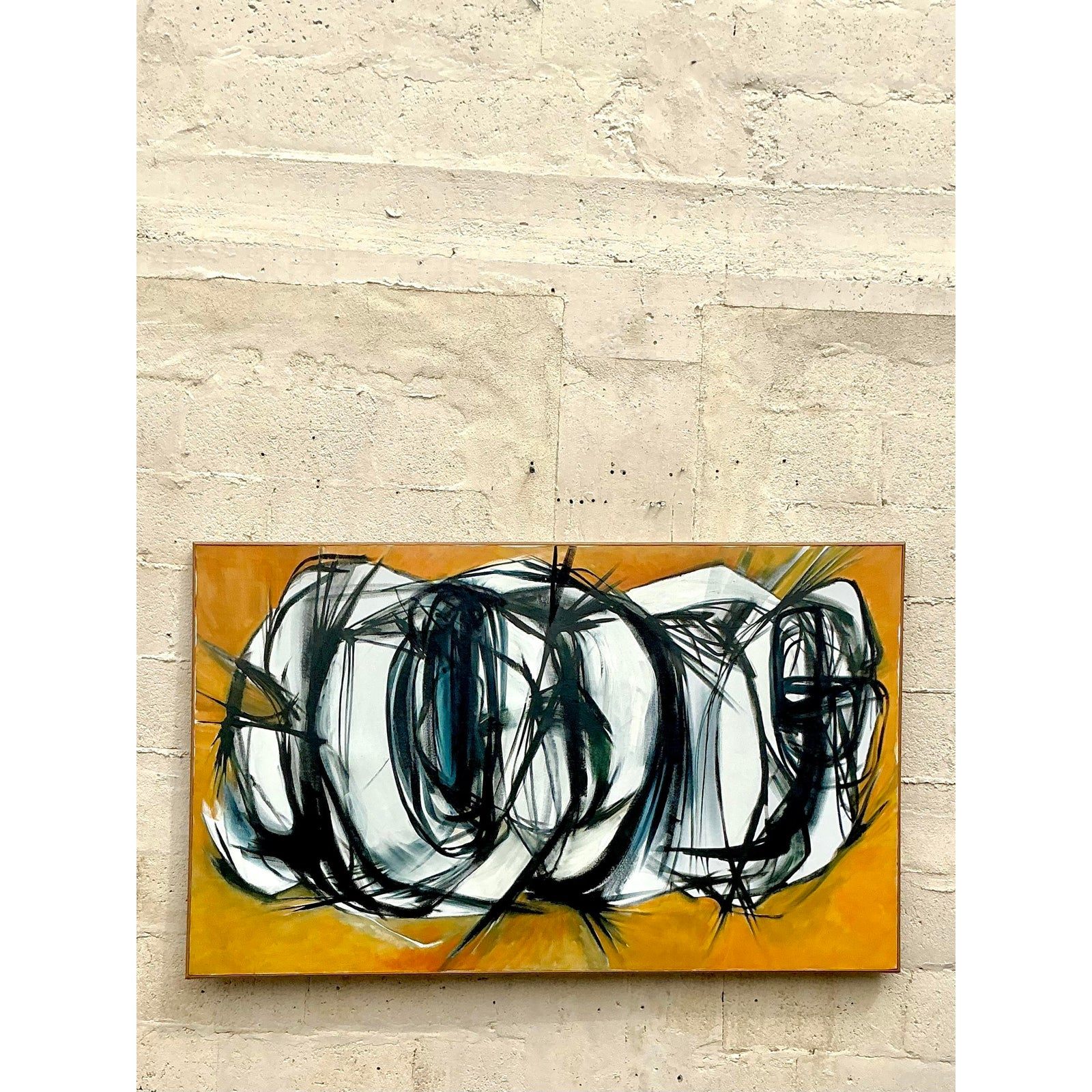 Late 20th Century Vintage Boho Original Abstract Oil Painting on Canvas - Detail view