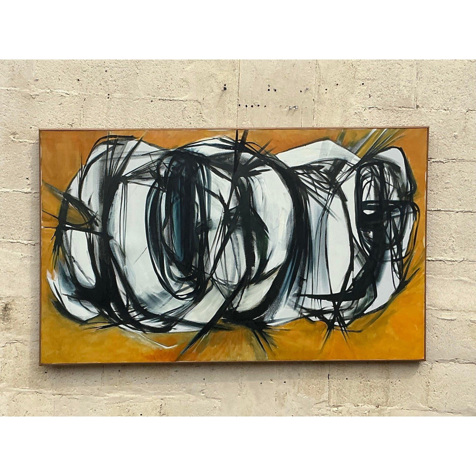 Late 20th Century Vintage Boho Original Abstract Oil Painting on Canvas - Back view