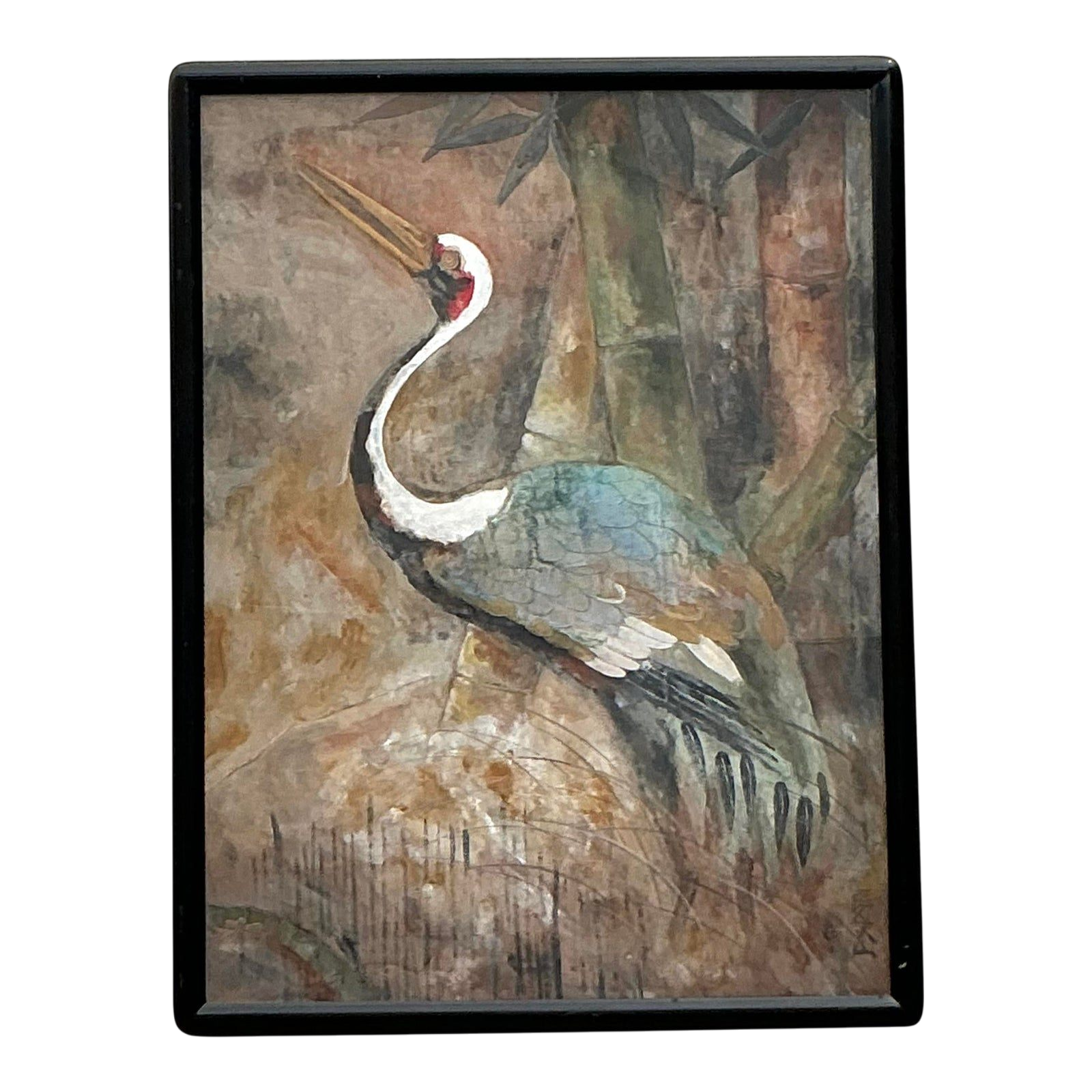 Late 20th Century Vintage Boho Original Crane Painting on Paper