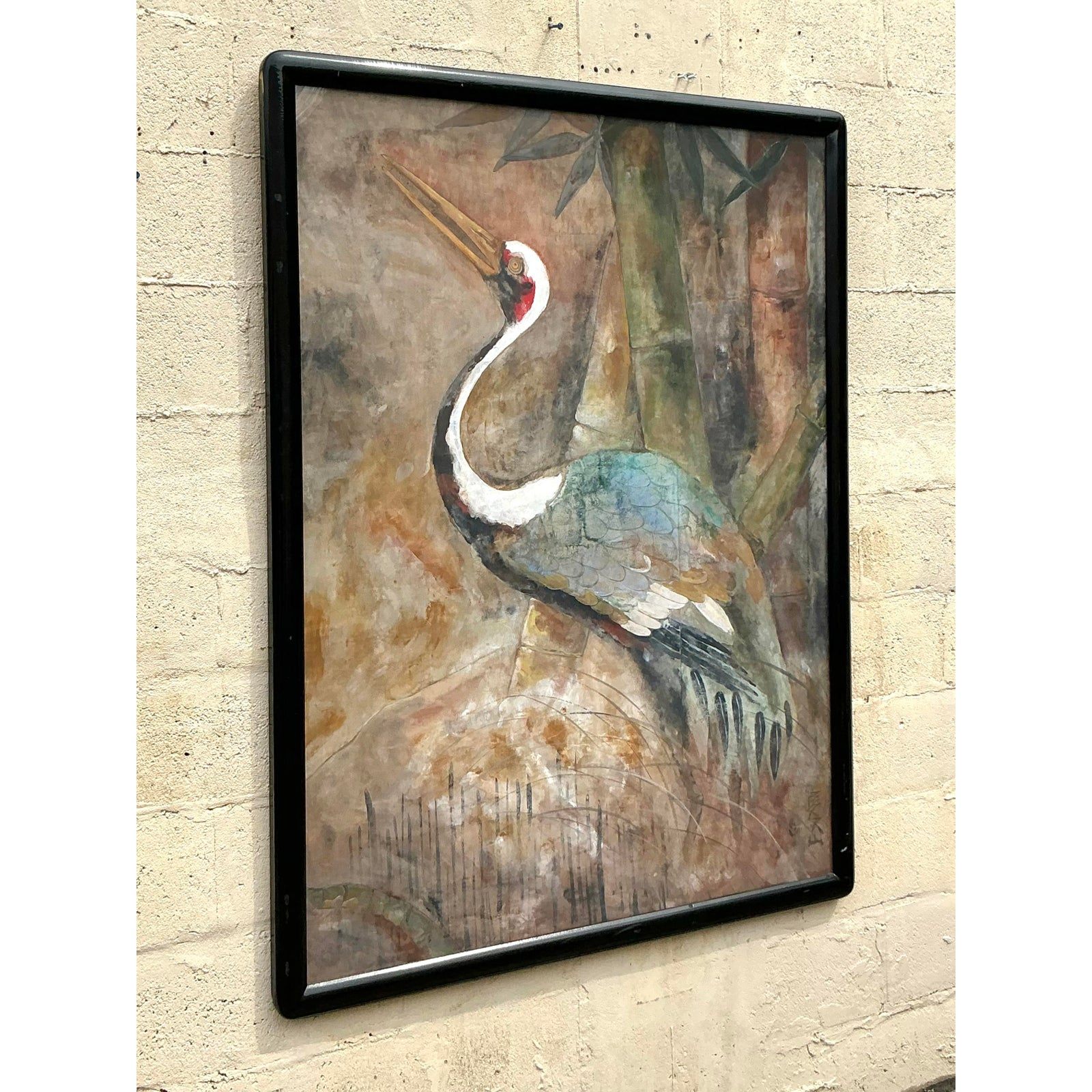 Late 20th Century Vintage Boho Original Crane Painting on Paper - Detail view