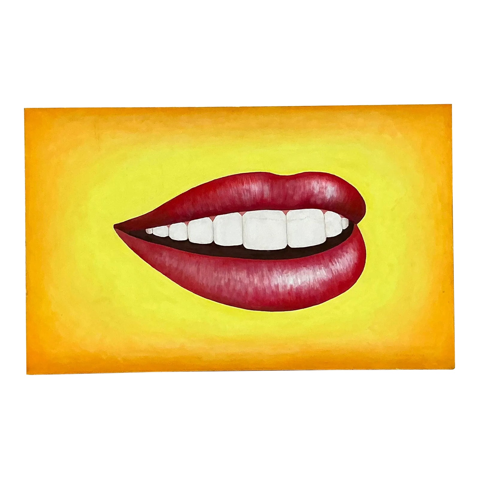 Late 20th Century Vintage Boho Original Lips Oil Painting on Canvas