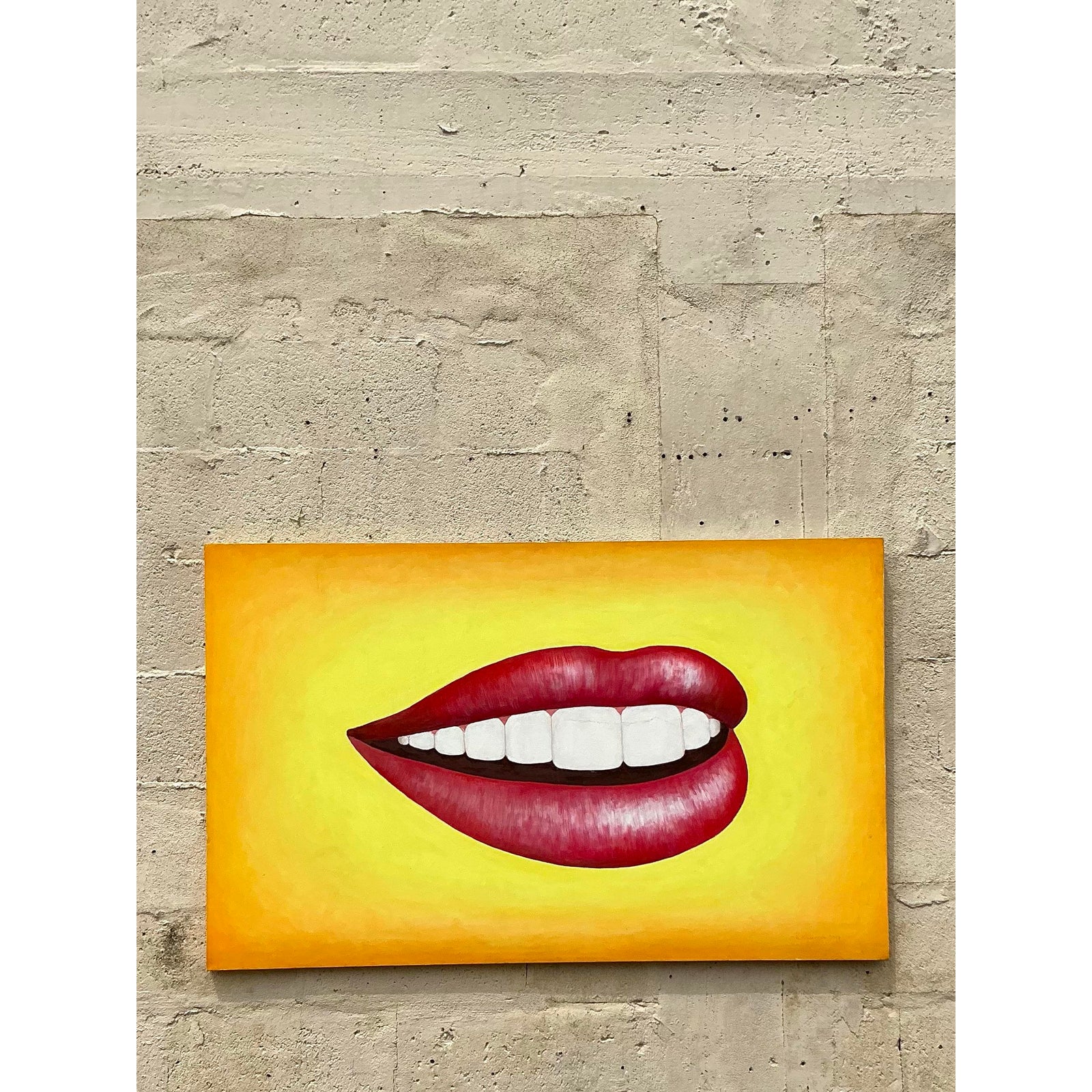 Late 20th Century Vintage Boho Original Lips Oil Painting on Canvas - Detail view