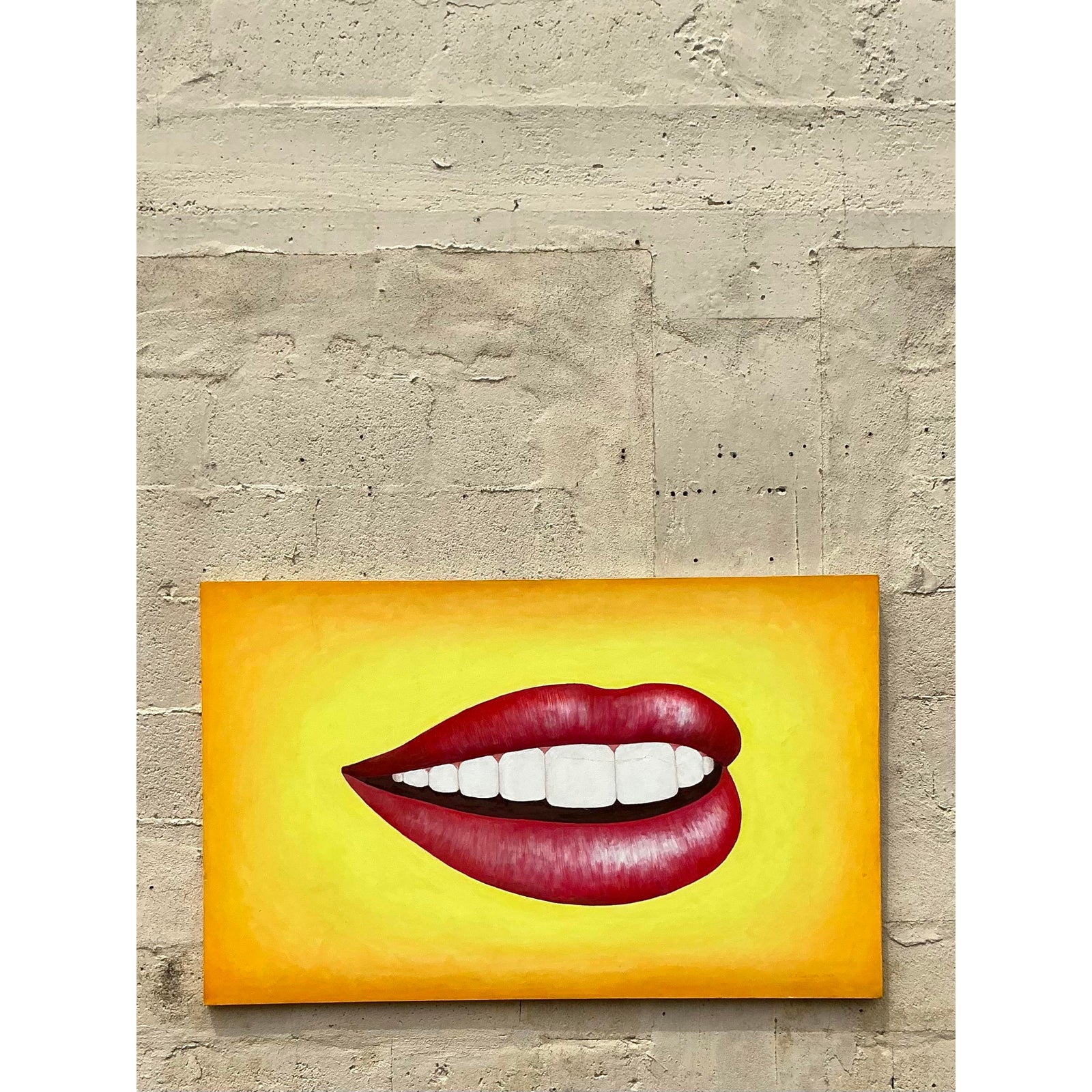 Late 20th Century Vintage Boho Original Lips Oil Painting on Canvas - Side view