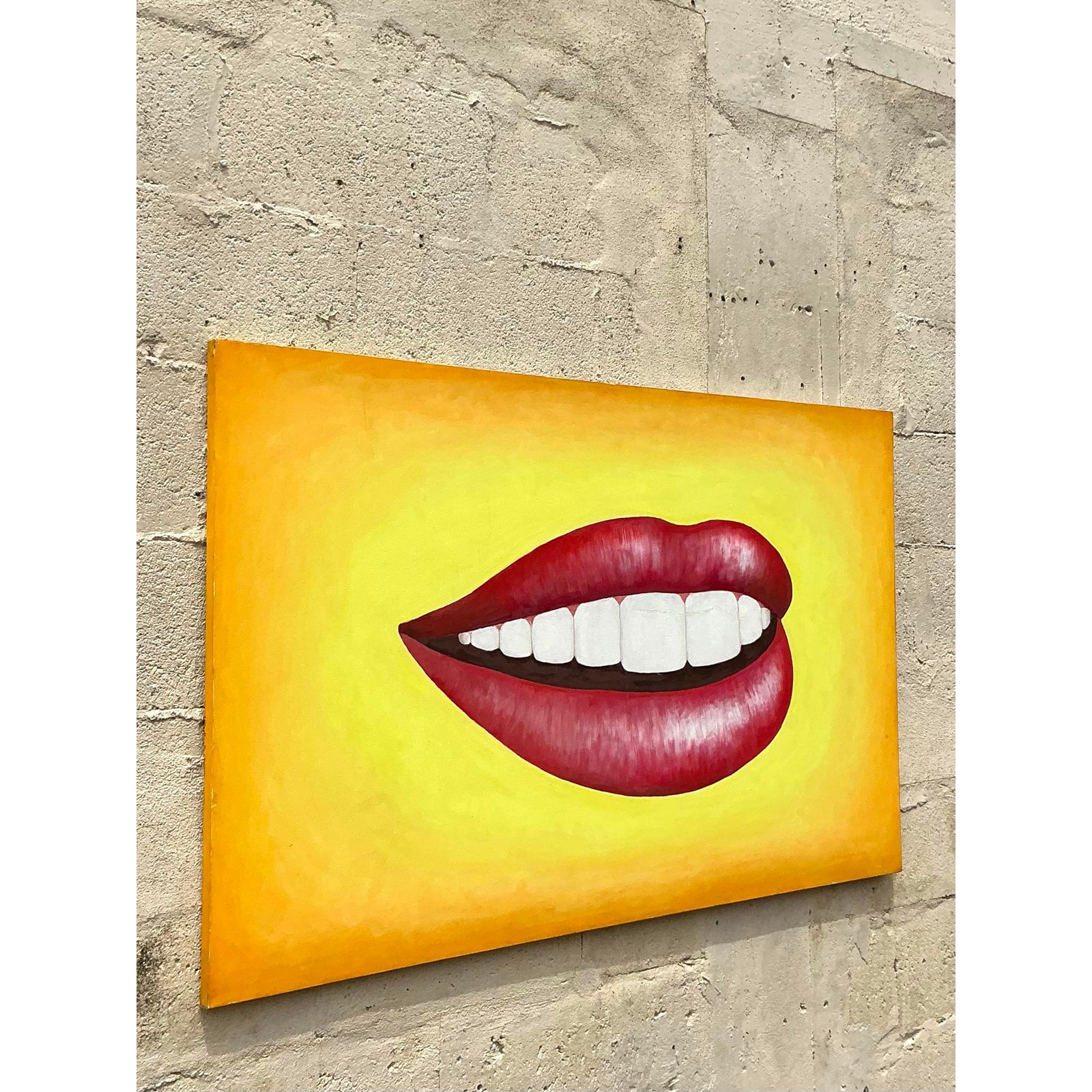 Late 20th Century Vintage Boho Original Lips Oil Painting on Canvas - Top view