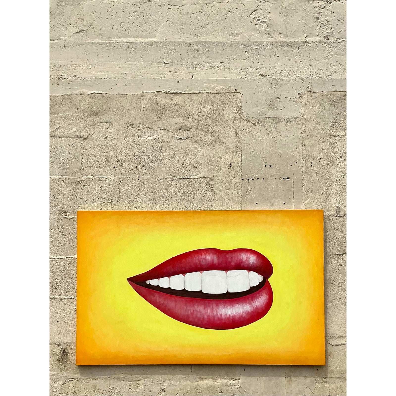 Late 20th Century Vintage Boho Original Lips Oil Painting on Canvas - Back view