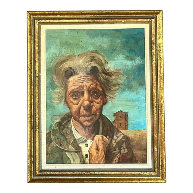 Late 20th Century Vintage Boho Original Oil Portrait on Canvas