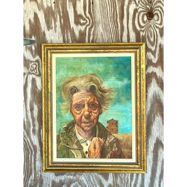Late 20th Century Vintage Boho Original Oil Portrait on Canvas - Detail view
