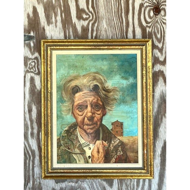 Late 20th Century Vintage Boho Original Oil Portrait on Canvas - Side view